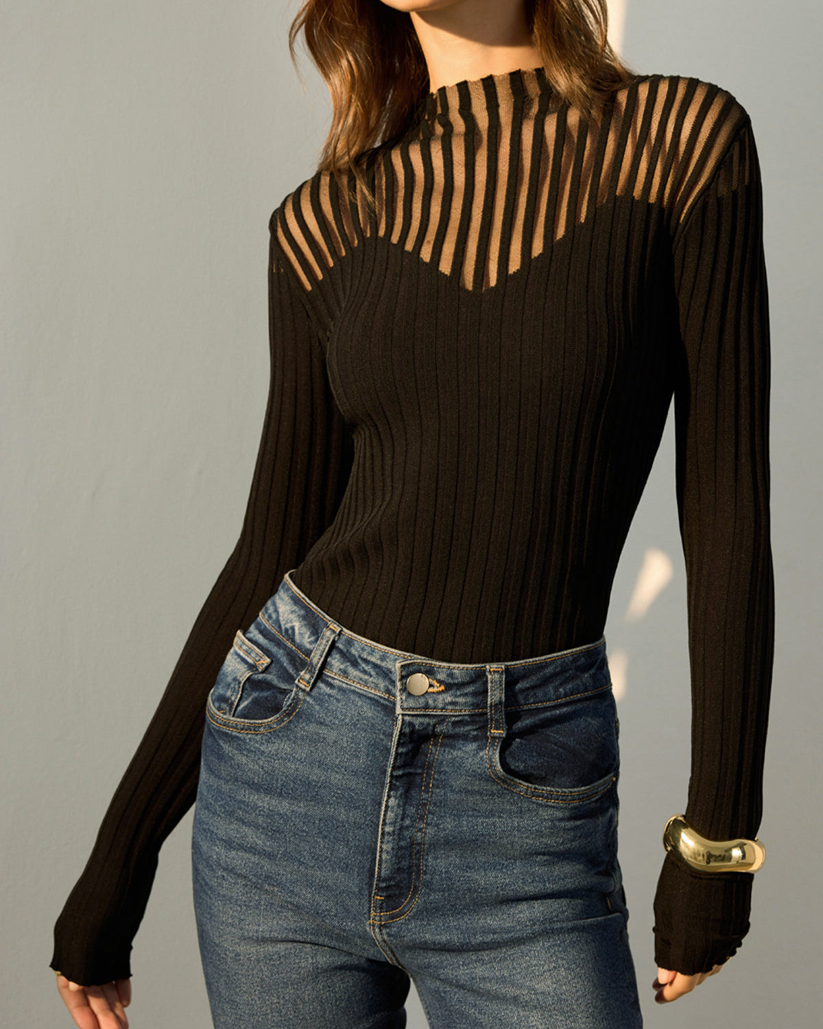 Ribanalı Şeffaf Omuzlu Triko Üst