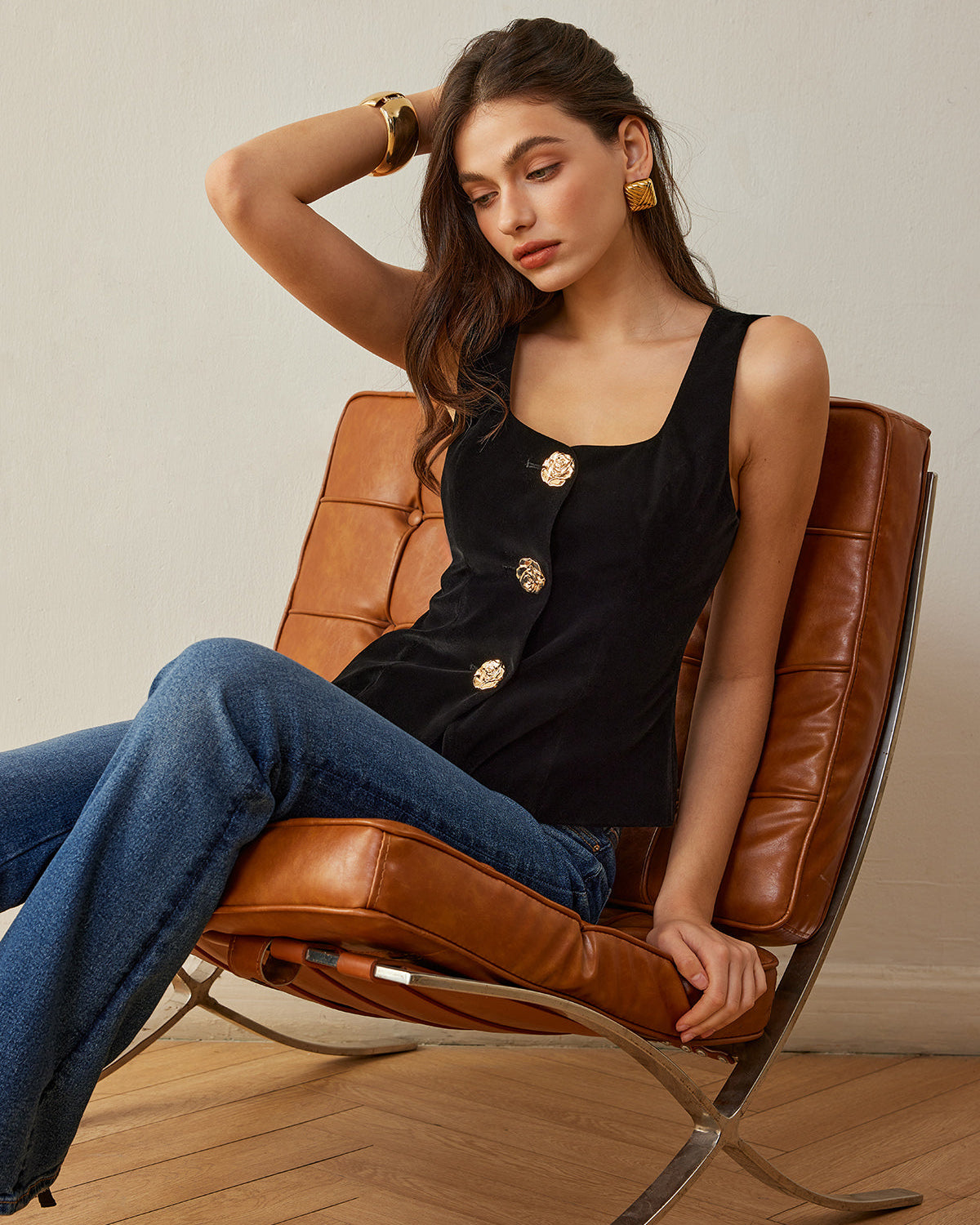 Kadife Metal Düğmeli Yelek