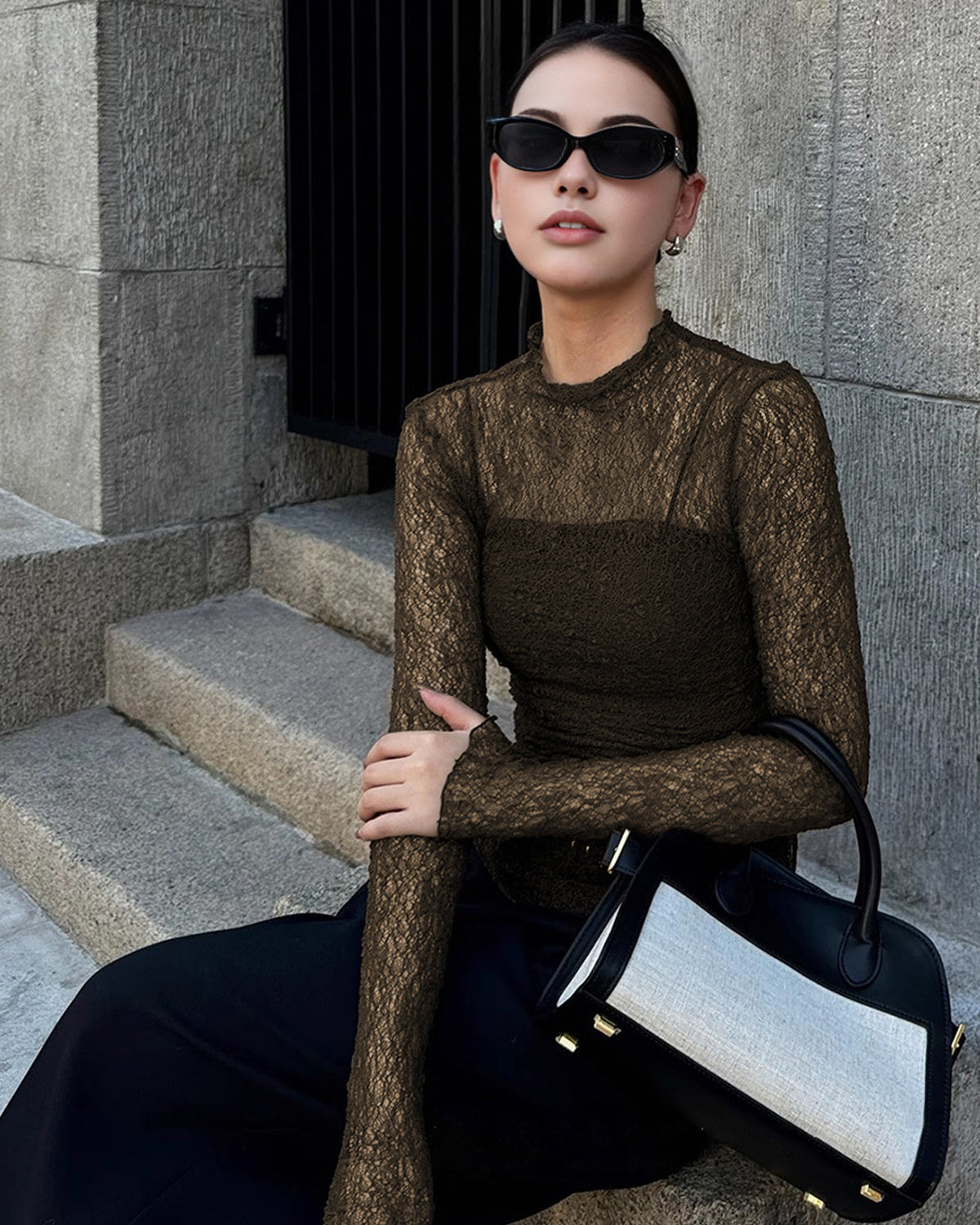 Yarı Transparan Dantel Panelli Jarse İkili Tişört