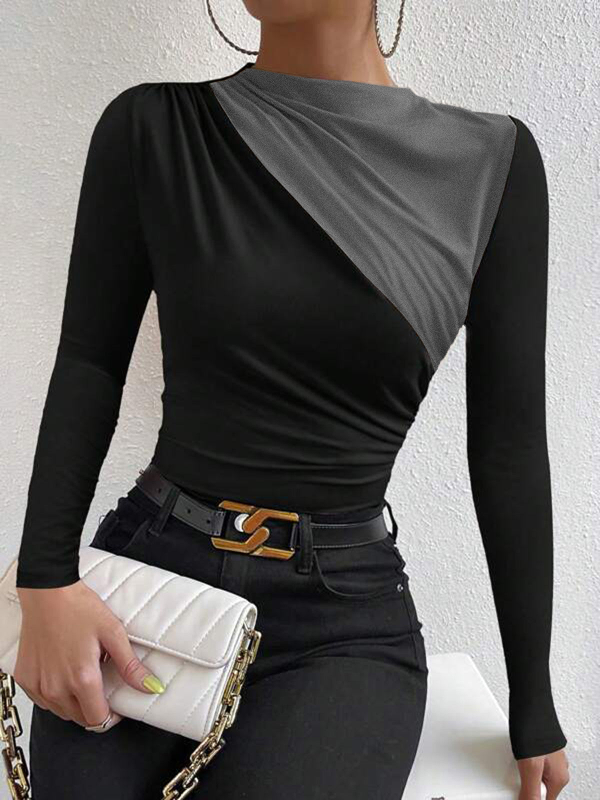 Renk Bloklu Uzun Kollu Bluz