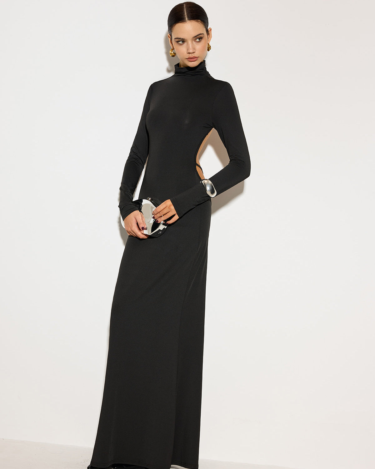 Balıkçı Yaka Açık Sırt Uzun Elbise