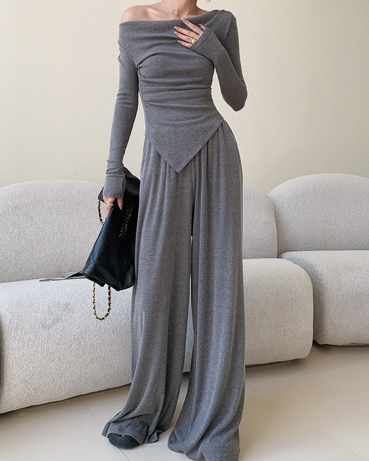 Asimetrik Drapeli Basic Pantolon Takım