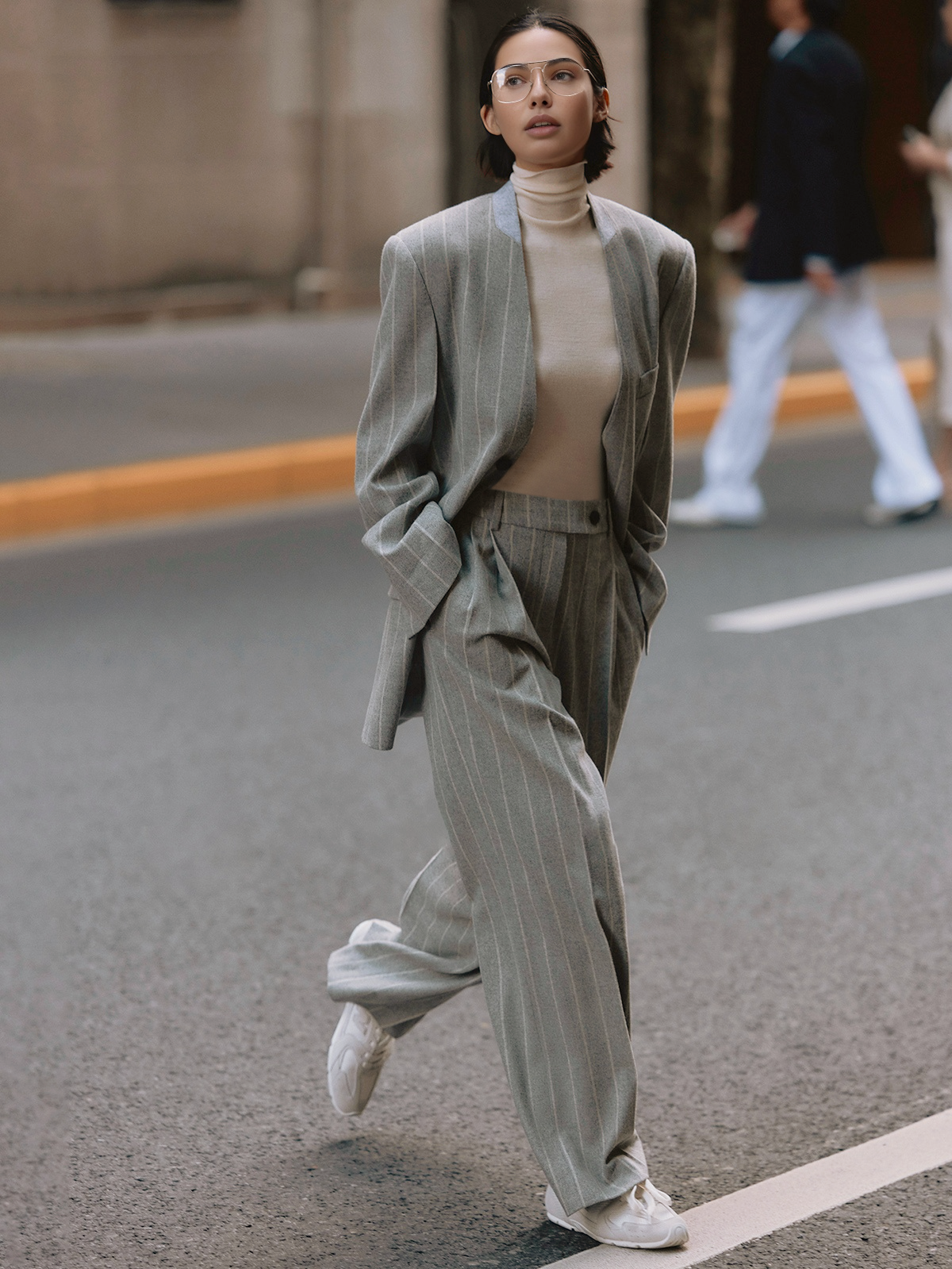 Yün Karışımlı Çizgili Tweed Pantolon