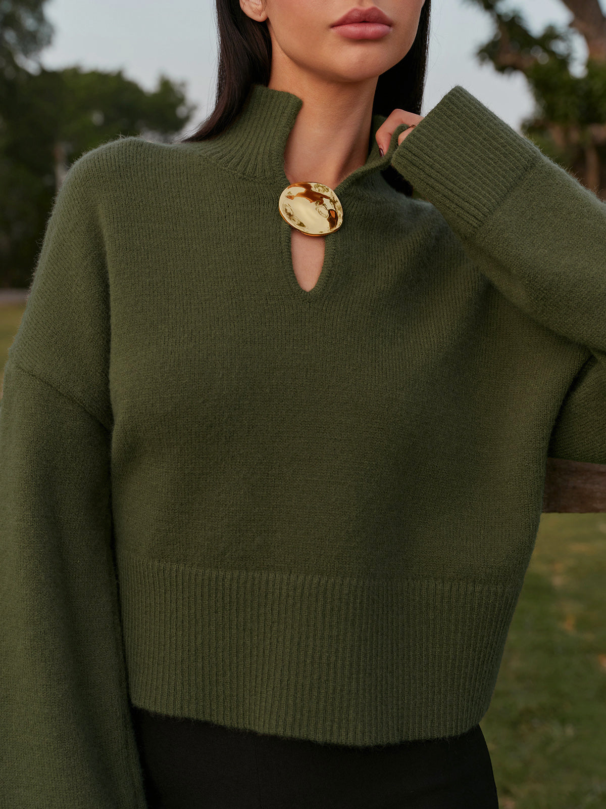 Yarım Balıkçı Yaka Metal Detaylı Kısa Triko Kazak