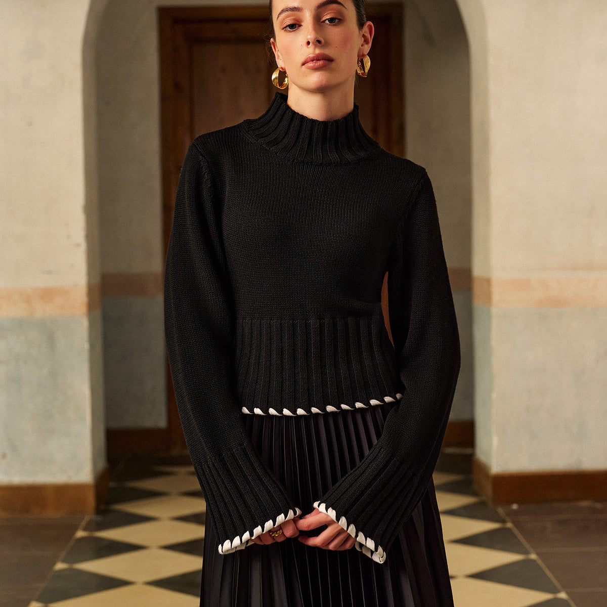 Yün Karışımlı Kontrast Biye Ribana Triko Bluz