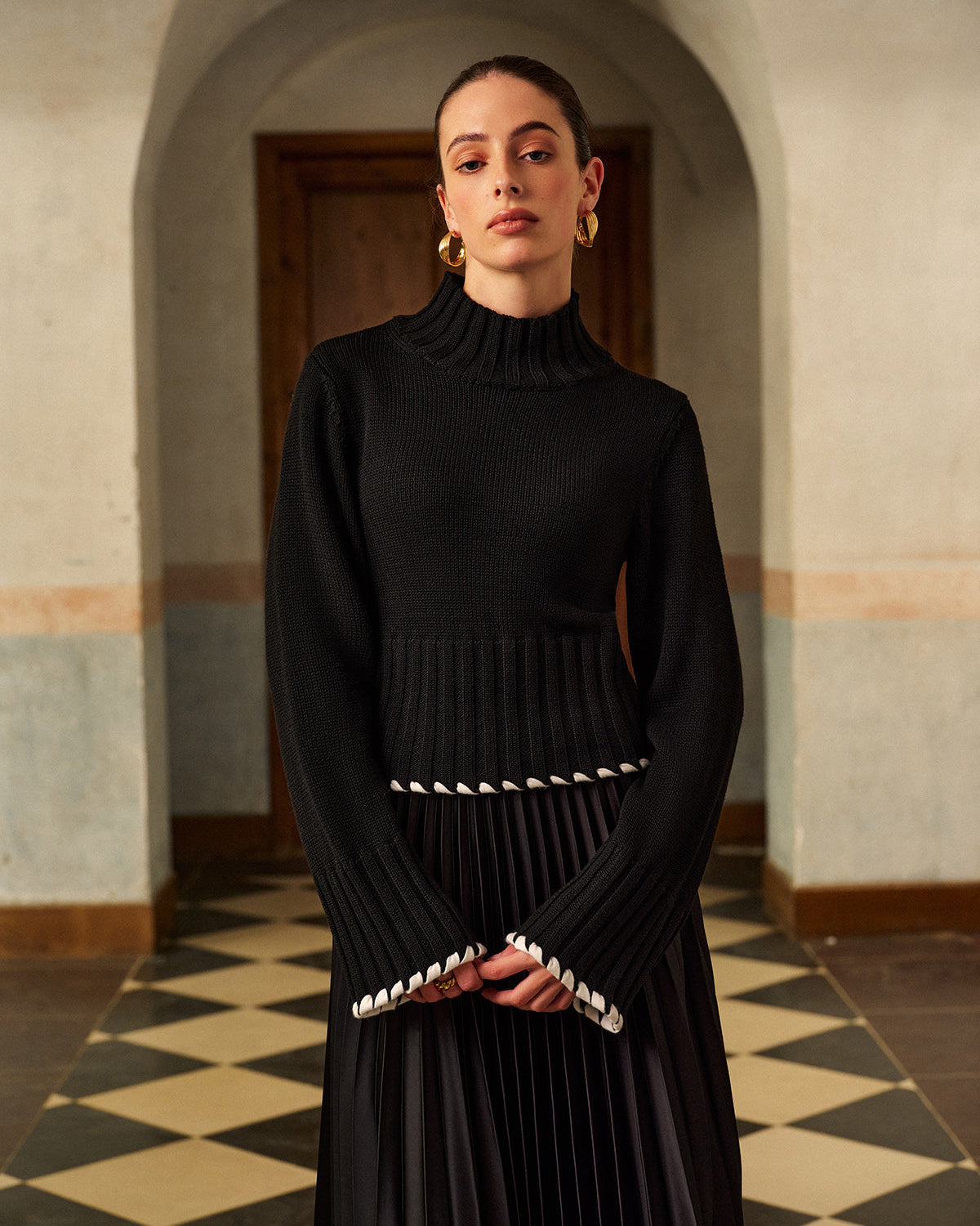 Yün Karışımlı Kontrast Biye Ribana Triko Bluz