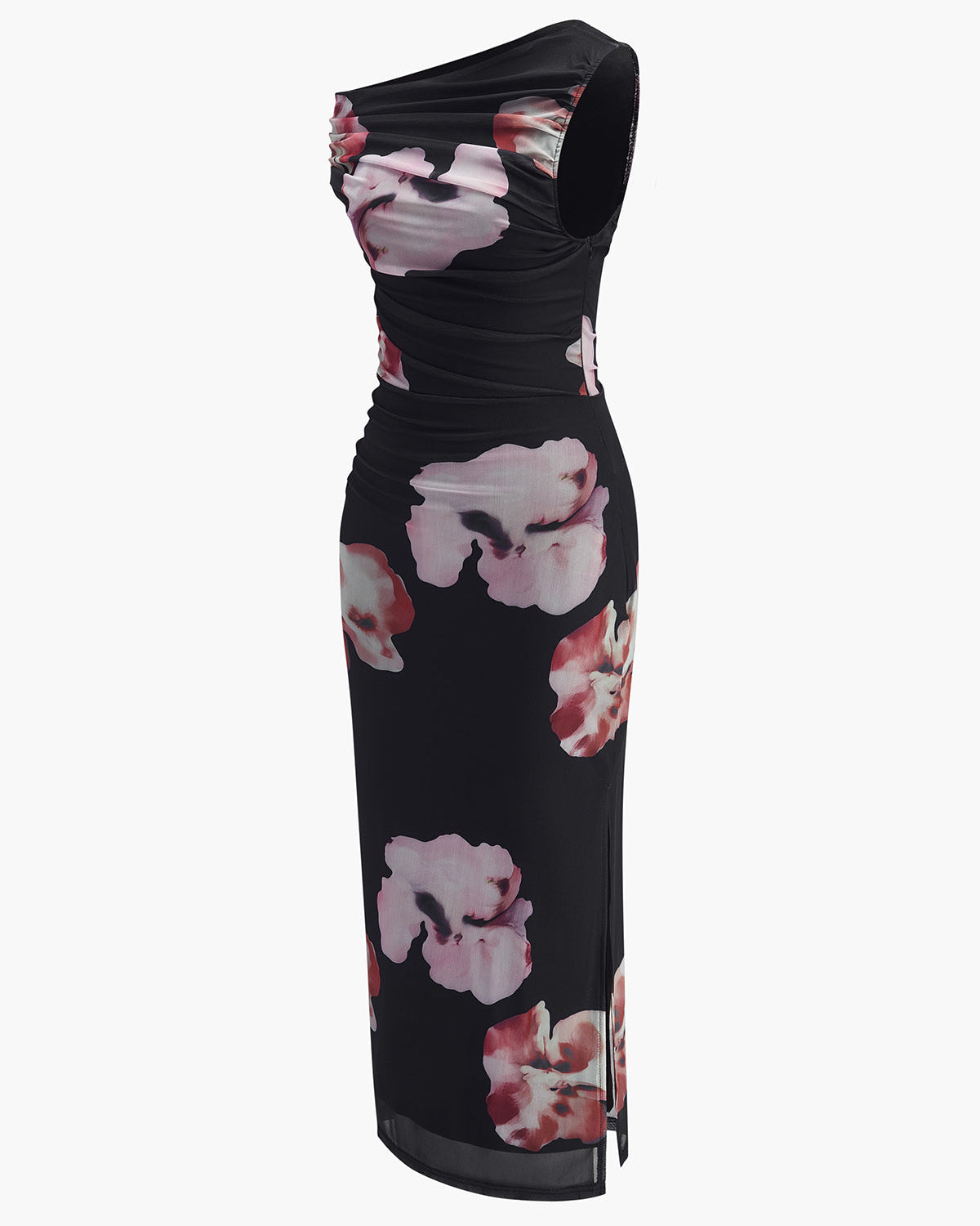 Asimetrik Yaka Çiçek Desenli Tül Elbise