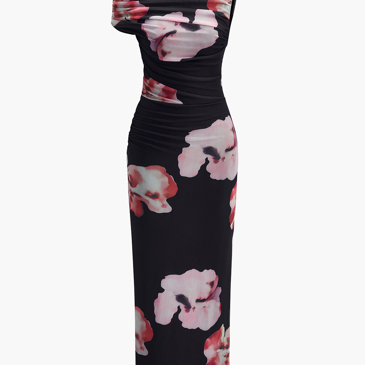 Asimetrik Yaka Çiçek Desenli Tül Elbise