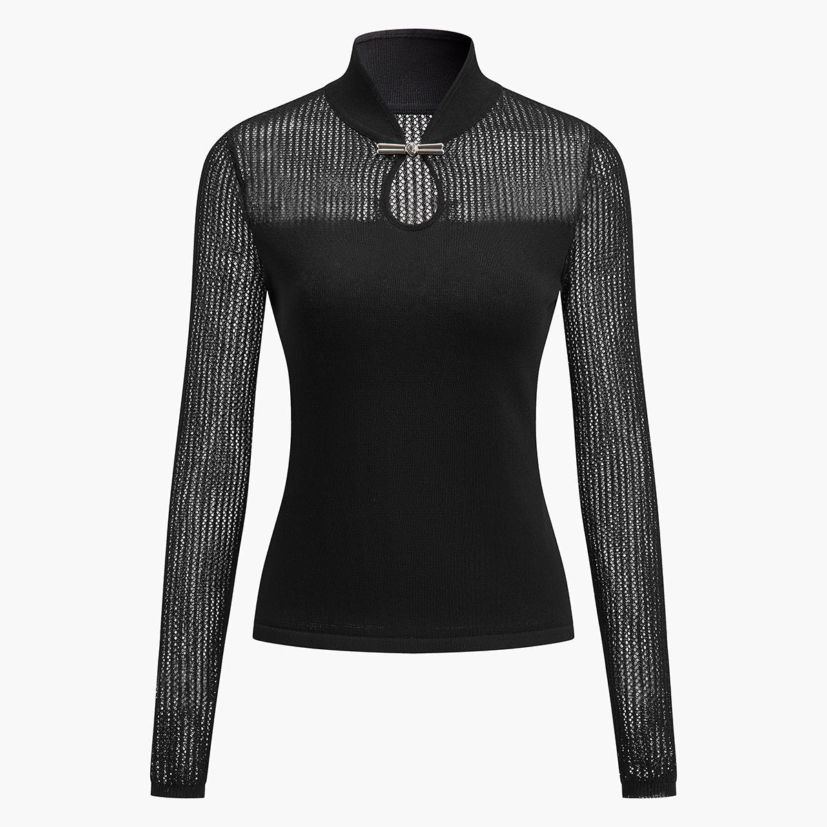 Anahtar Deliği Yaka Yarı Şeffaf Triko Bluz