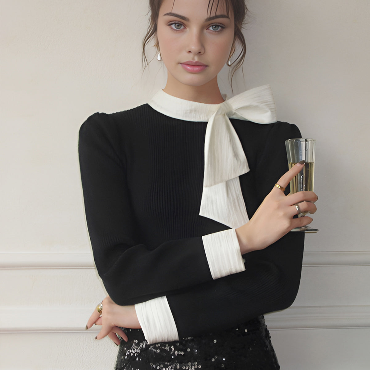 Renk Bloklu Fiyonk Detaylı Triko Üst