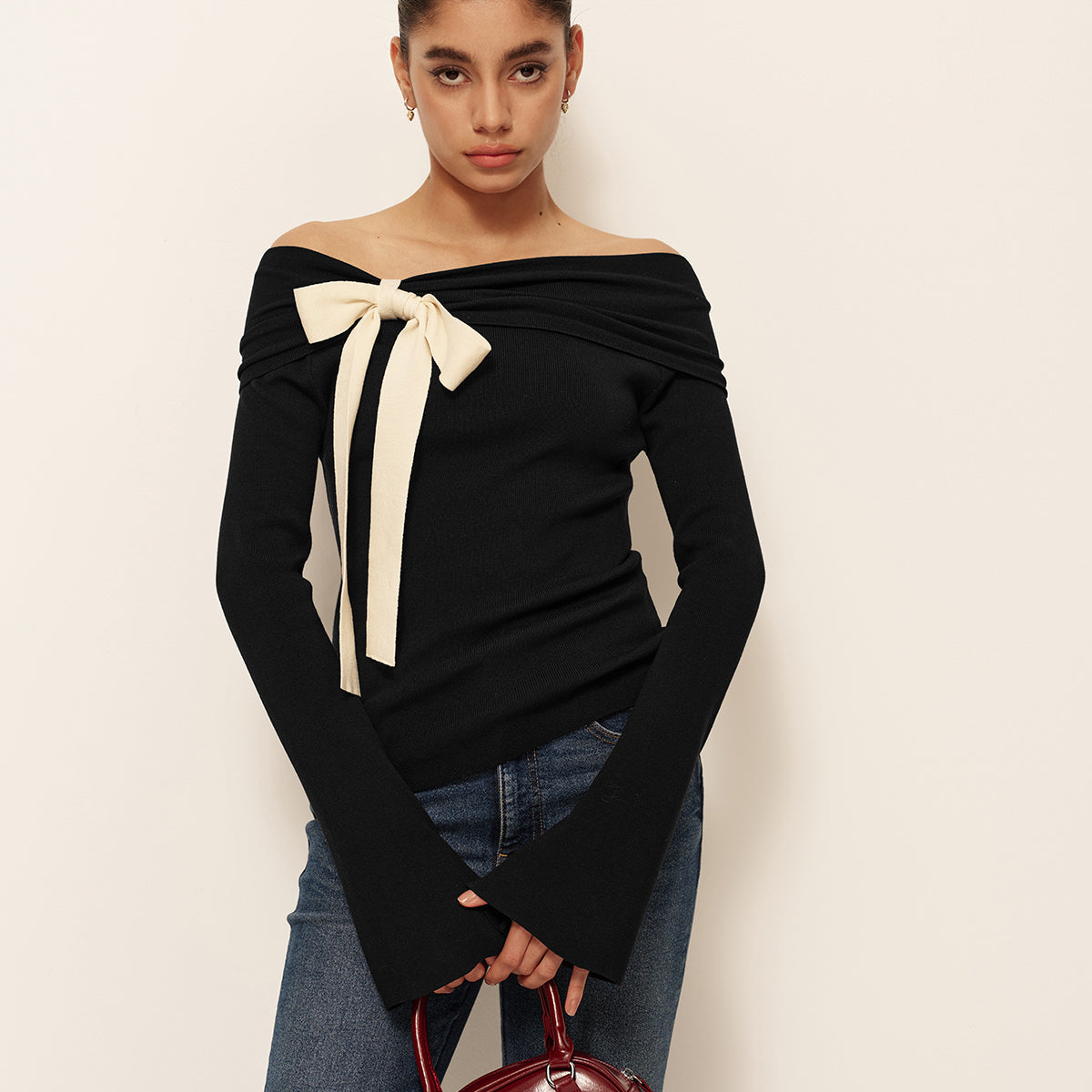 Yün Karışımlı Kurdele Detaylı Volan Kol Triko Bluz