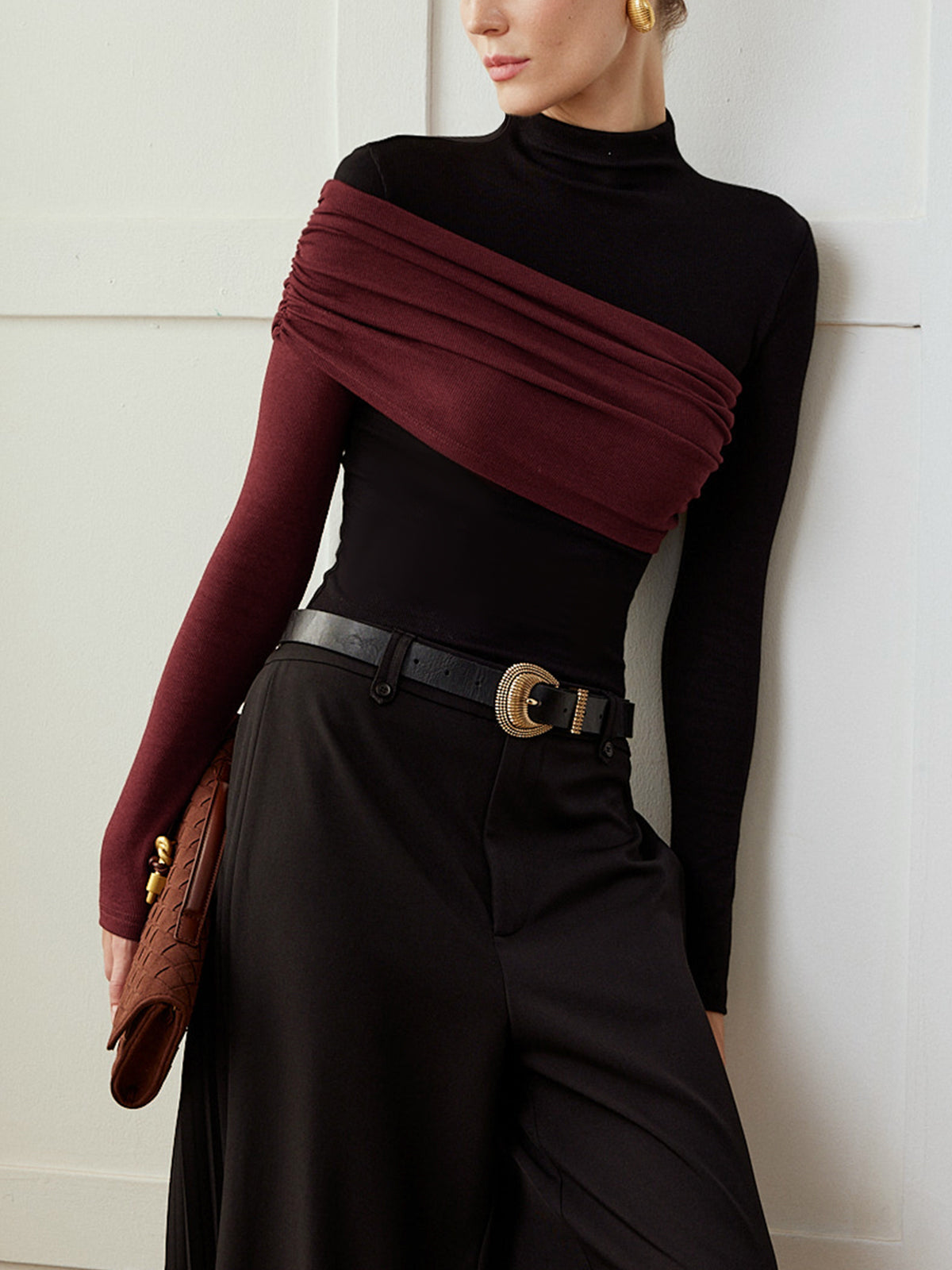 Renk Bloklu Pliseli Jersey Dar Bluz