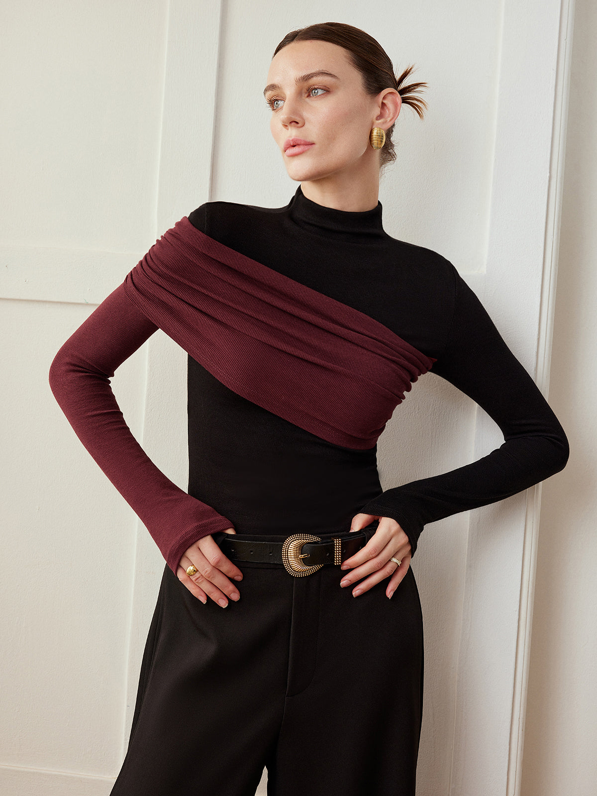 Renk Bloklu Pliseli Jersey Dar Bluz