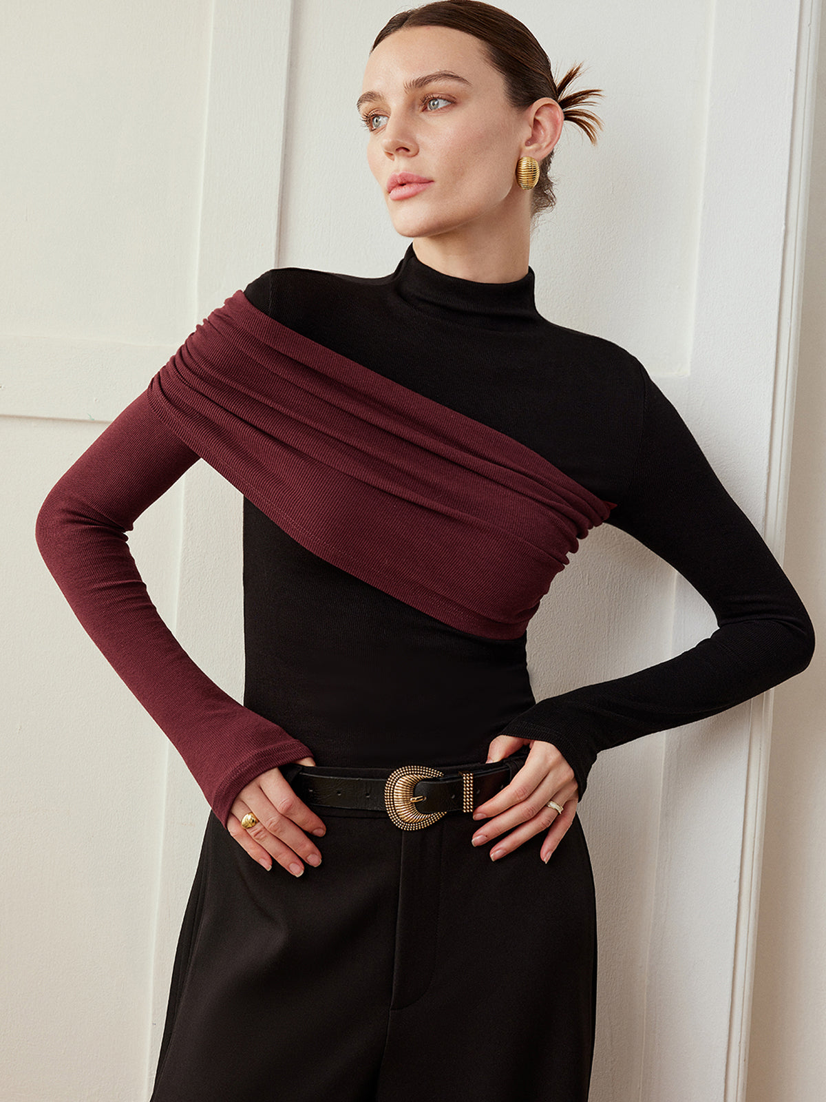 Renk Bloklu Pliseli Jersey Dar Bluz