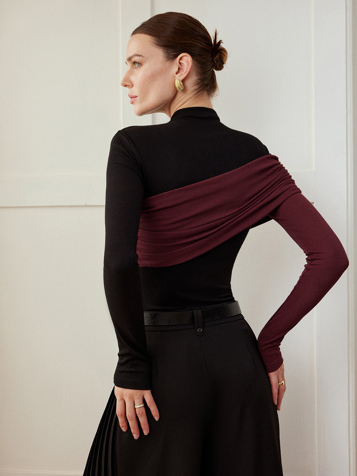 Renk Bloklu Pliseli Jersey Dar Bluz