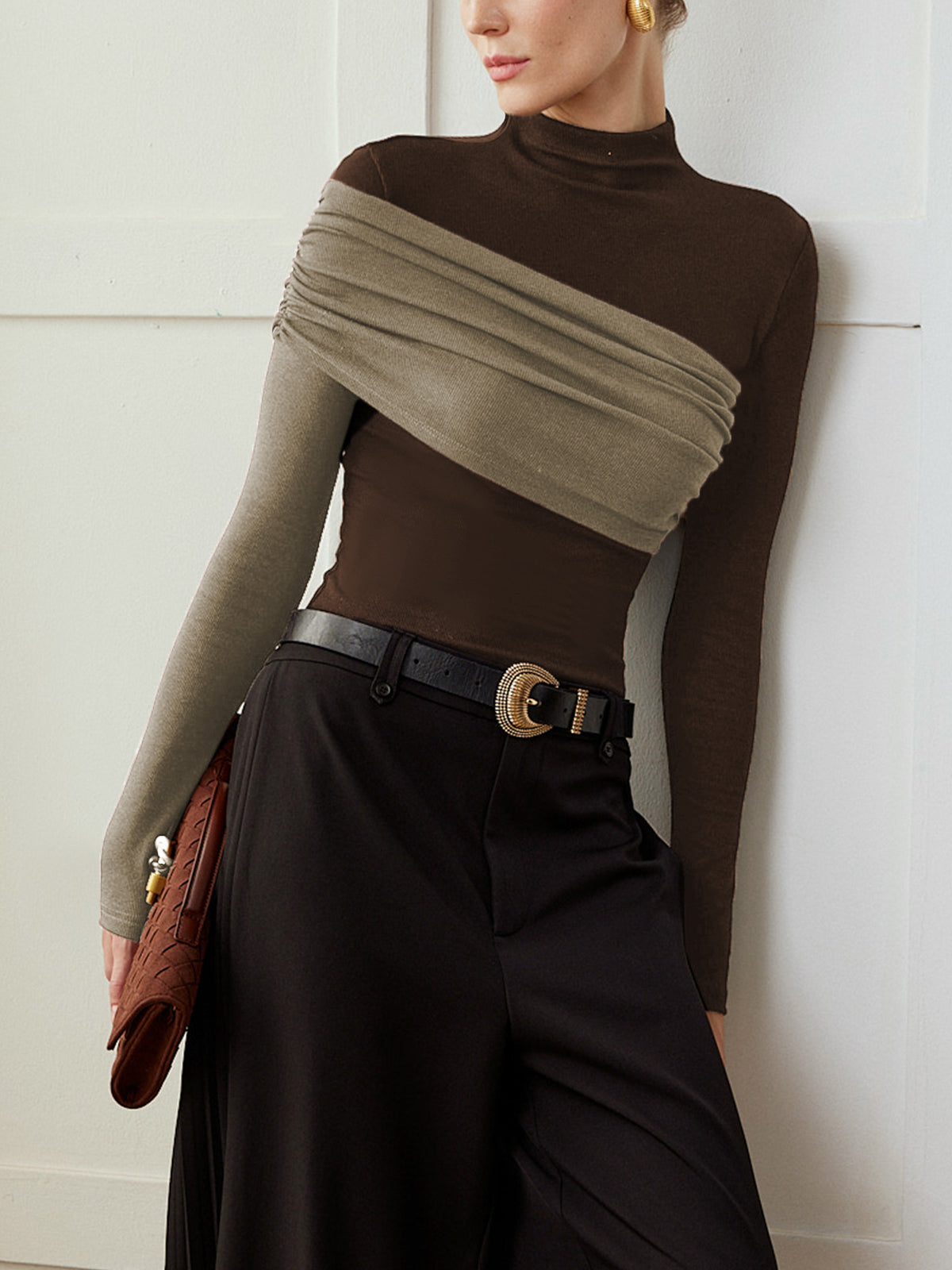 Renk Bloklu Pliseli Jersey Dar Bluz