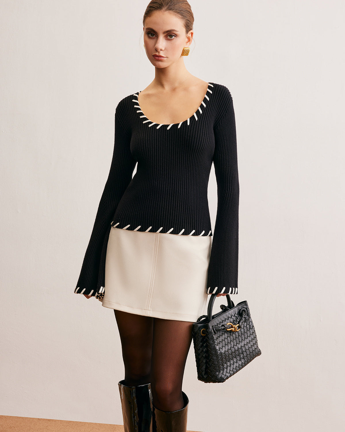 Kontrast Biyeli Volan Kol Triko Üst