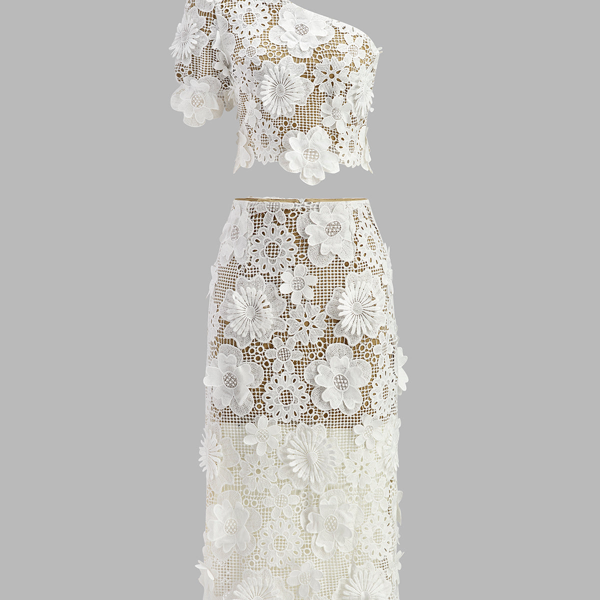 Asimetrik Çiçek Dantelli Üst Etek Takımı
