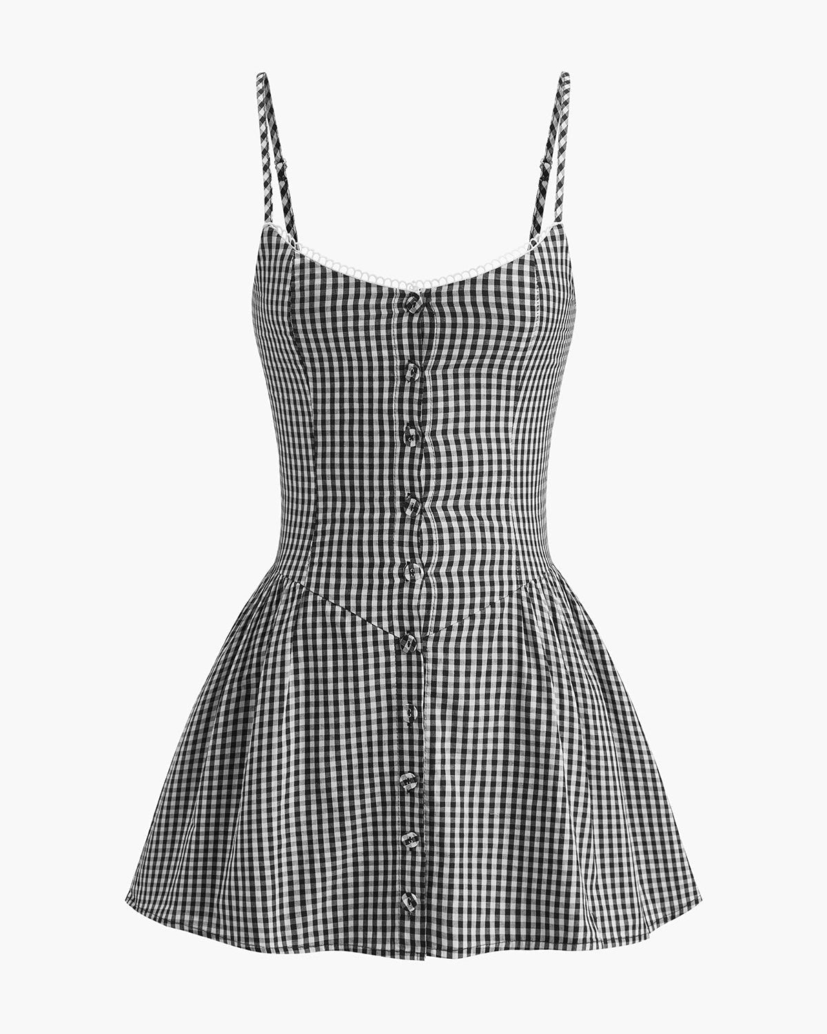 Ekose Desenli Düğmeli Askılı Elbise