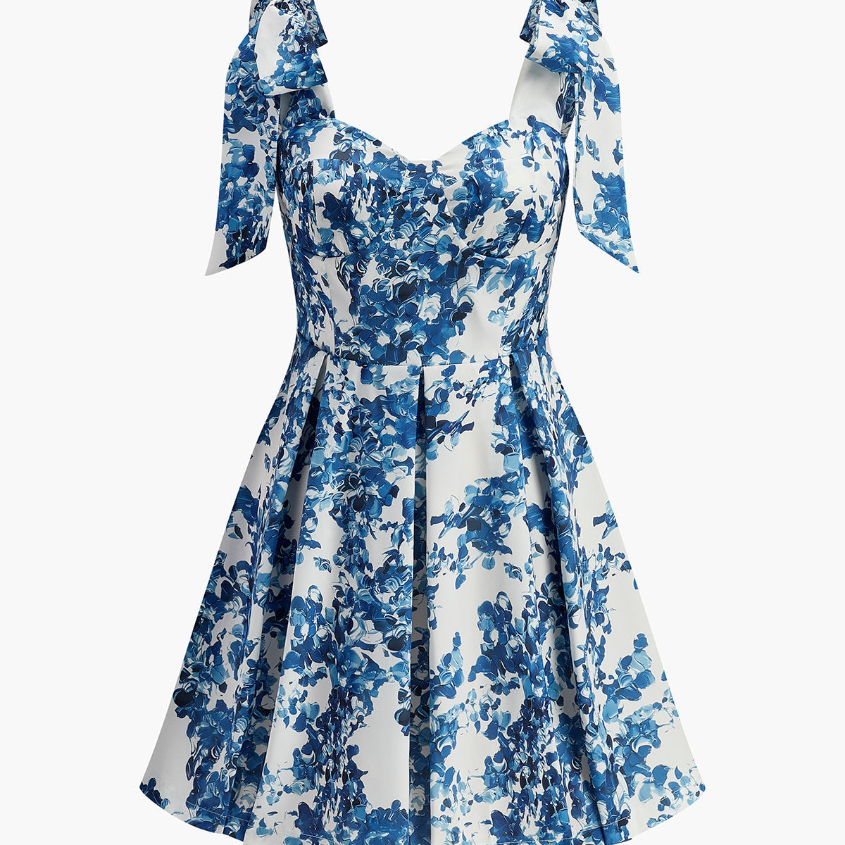 Çiçek Desenli Bağcıklı Kalp Yaka Elbise