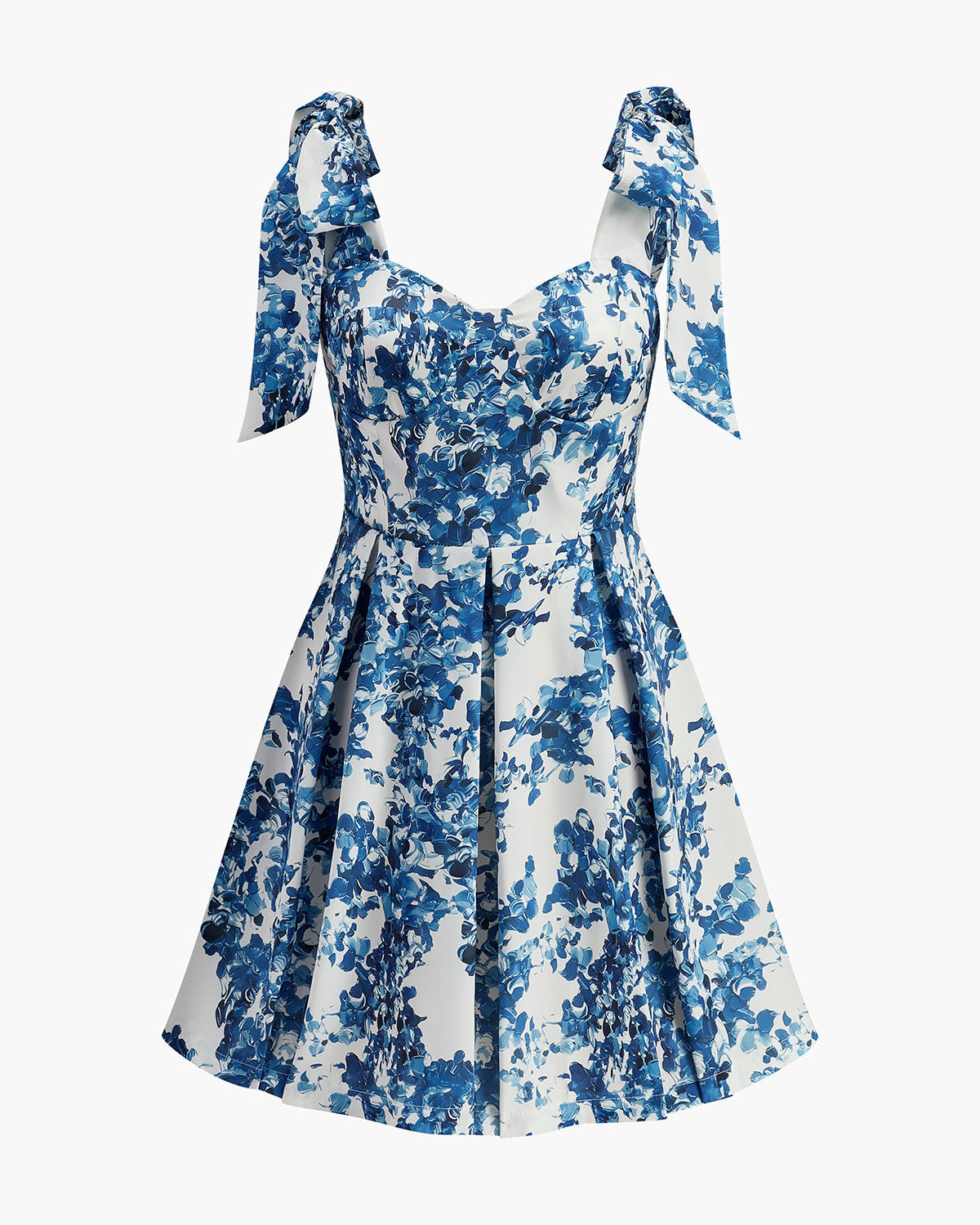 Çiçek Desenli Bağcıklı Kalp Yaka Elbise