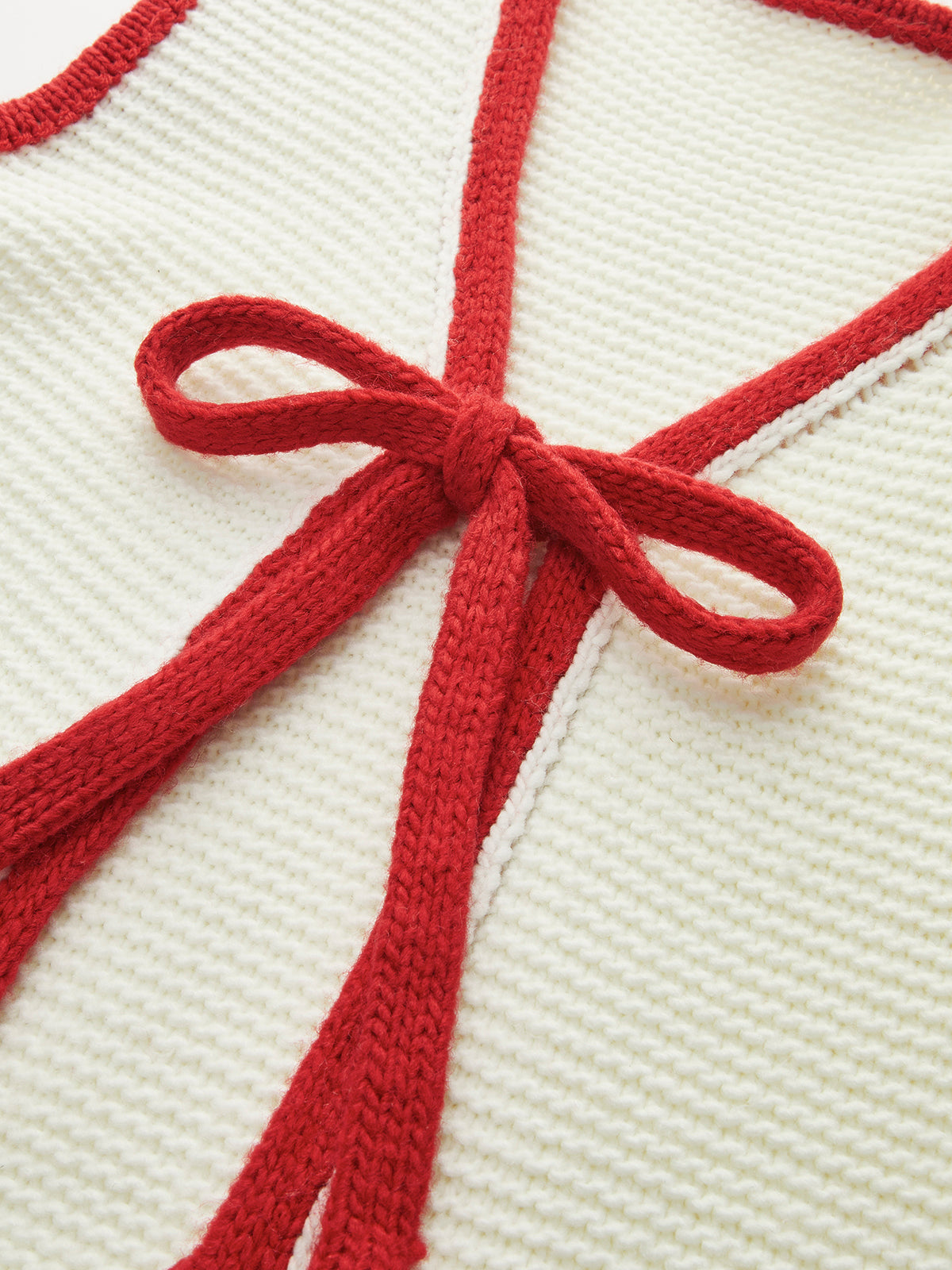 Renk Bloklu Bağcıklı Triko Yelek