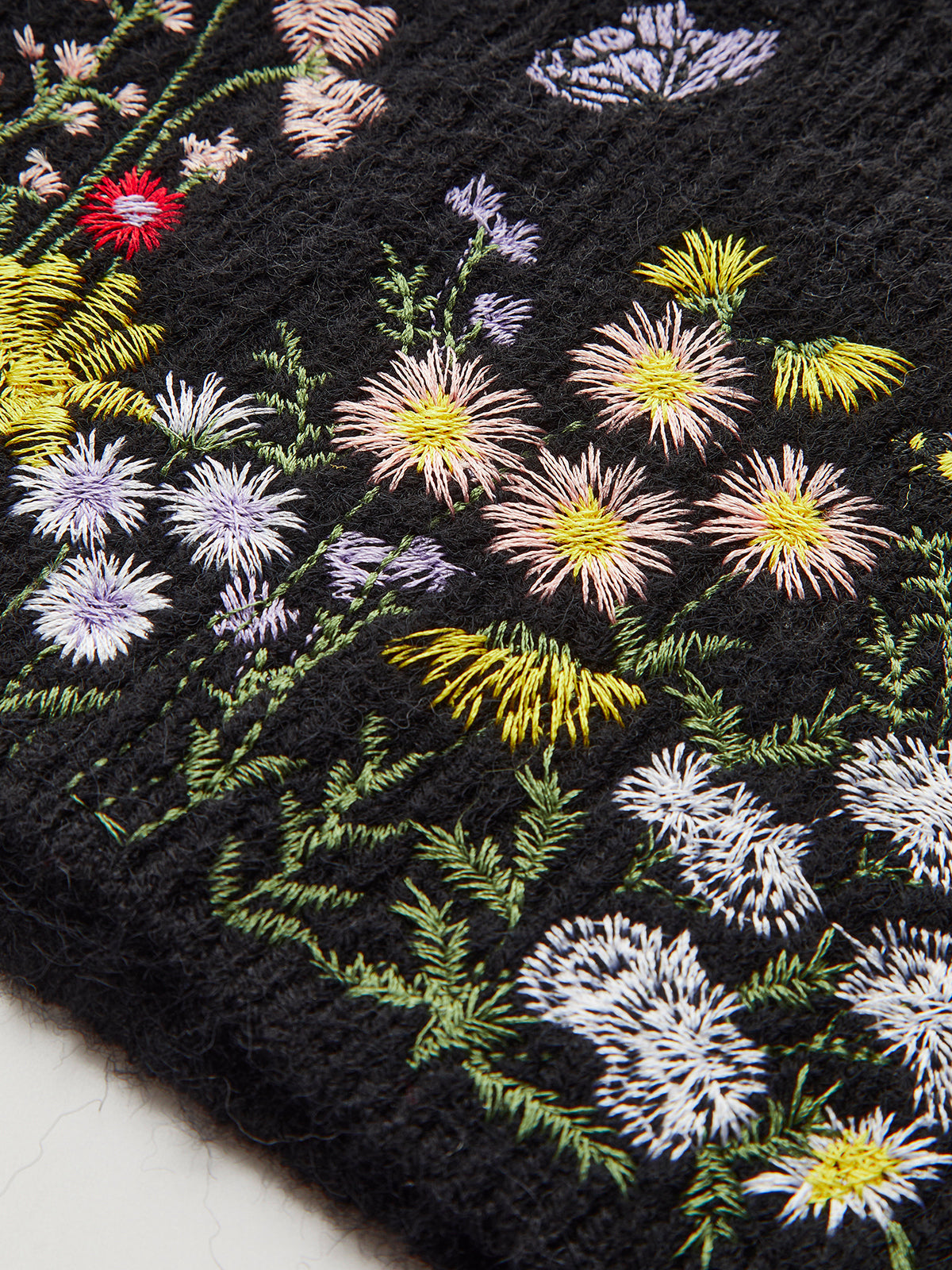 Dik Yaka Nakışlı Çiçek Desenli Triko Yelek