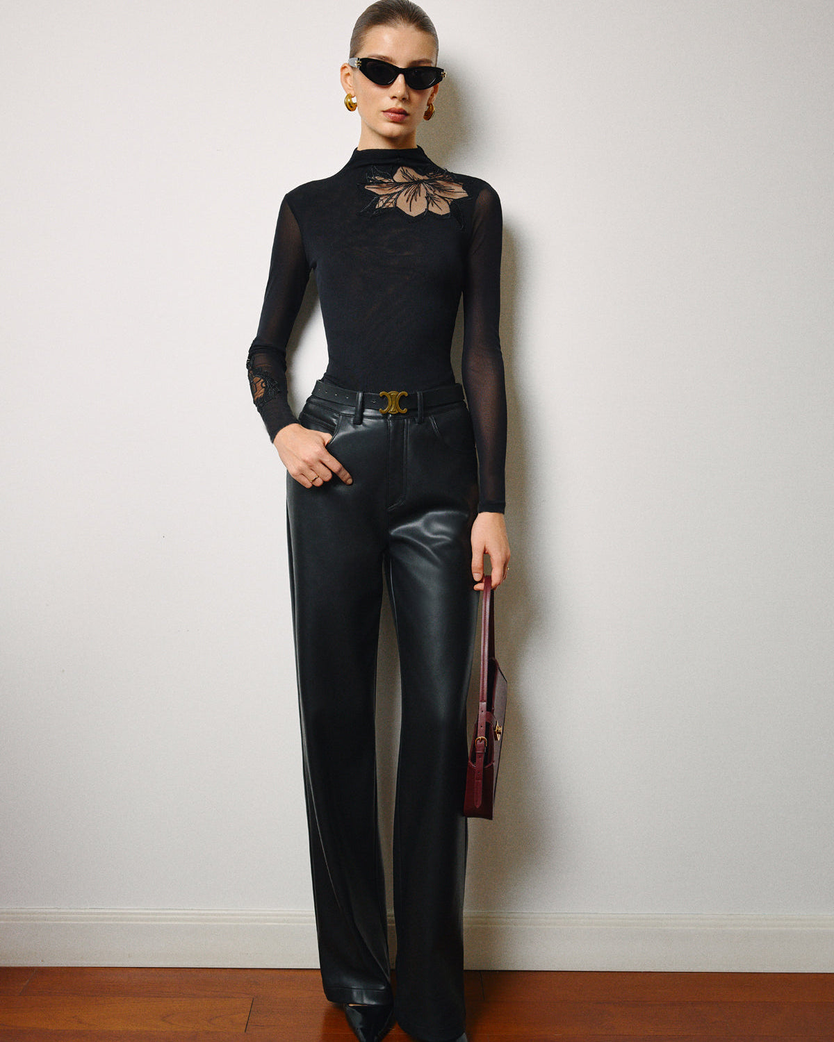 Yarı Şeffaf File-Çiçek Desenli Dar Jarse Bluz