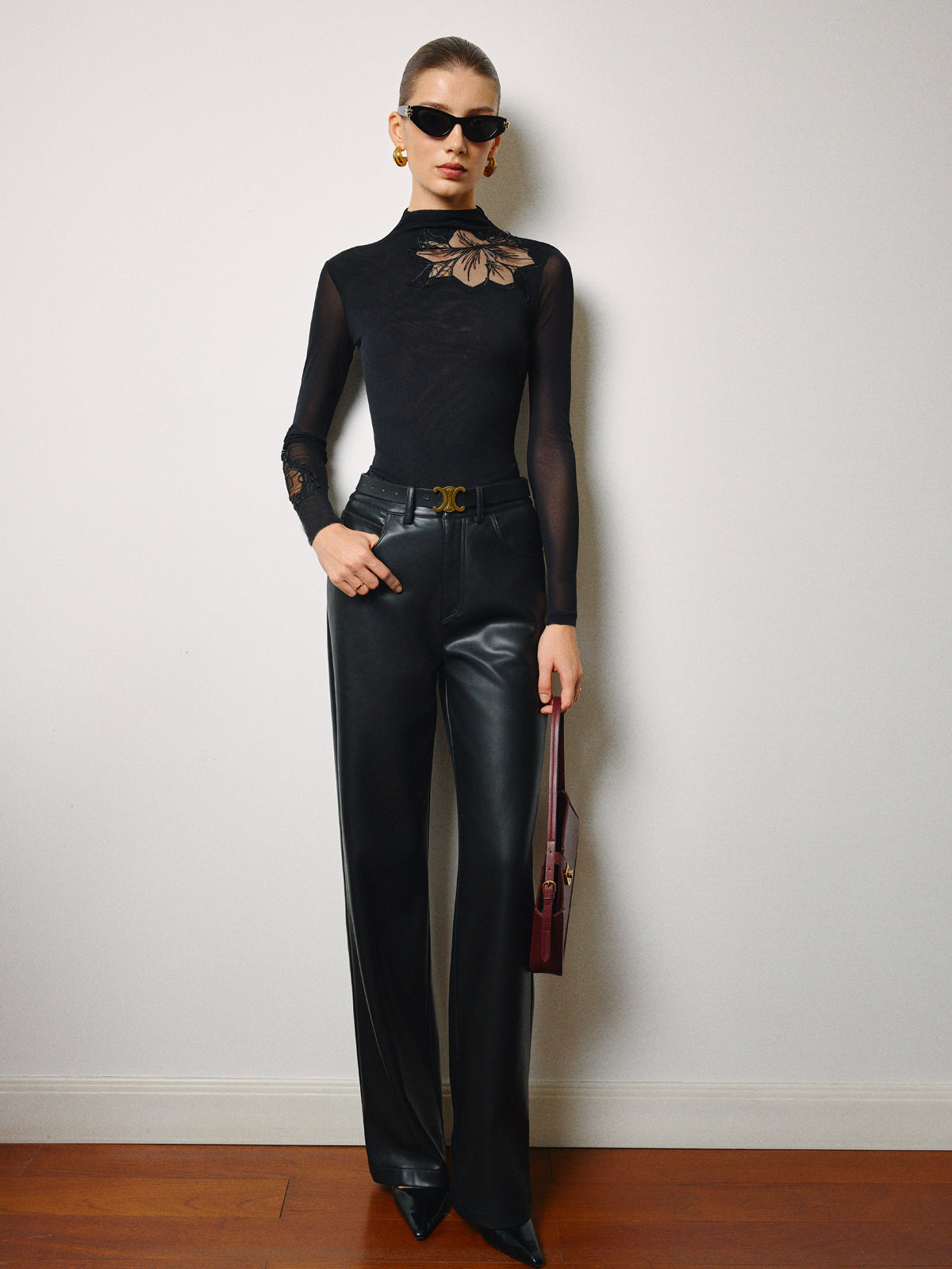 Yarı Şeffaf File-Çiçek Desenli Dar Jarse Bluz