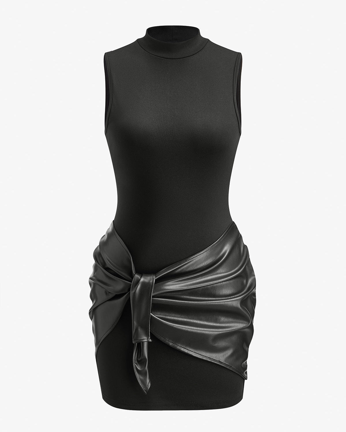 Dik Yaka Suni Deri Büzgü Panelli Elbise