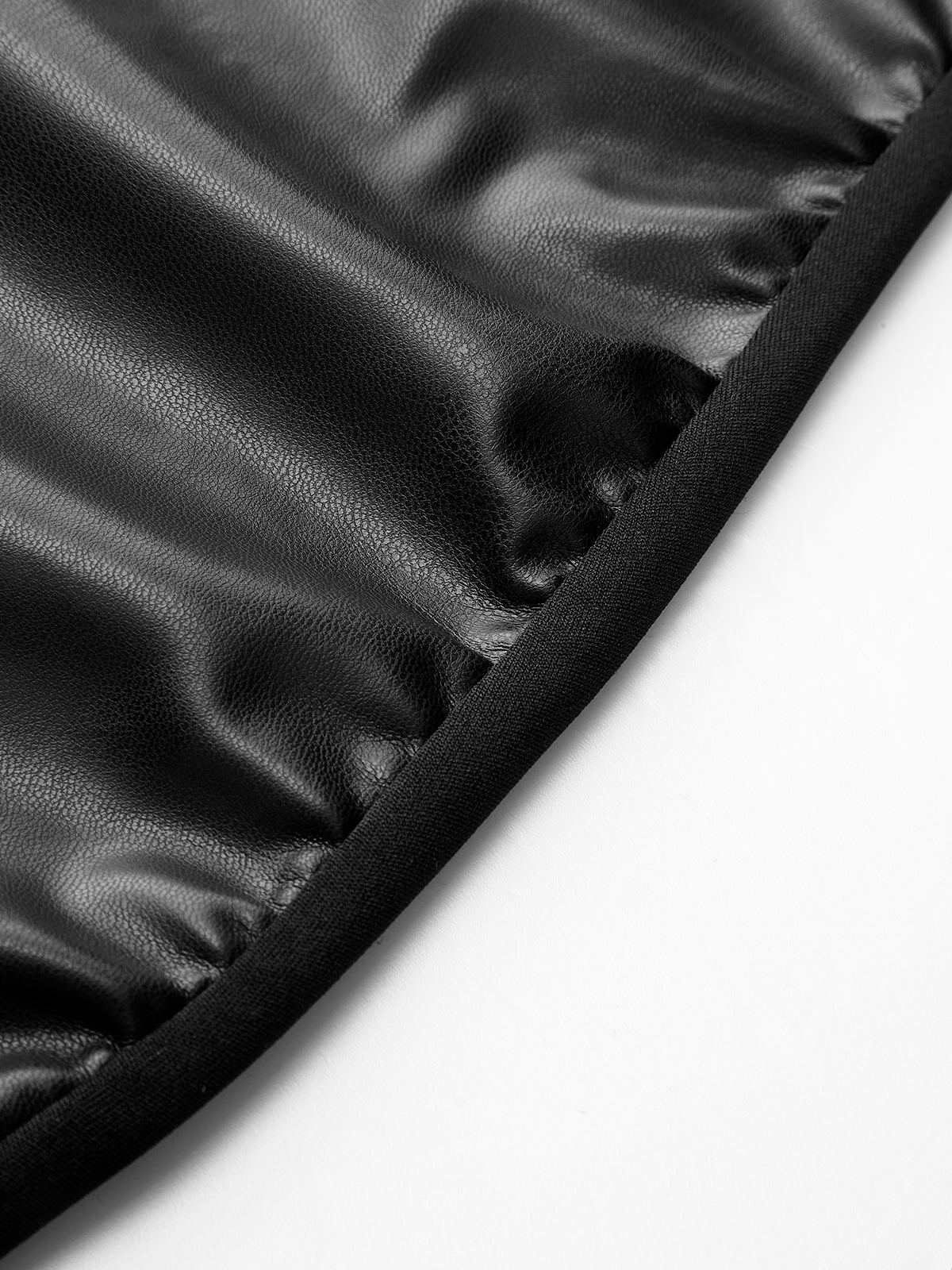 Dik Yaka Suni Deri Büzgü Panelli Elbise