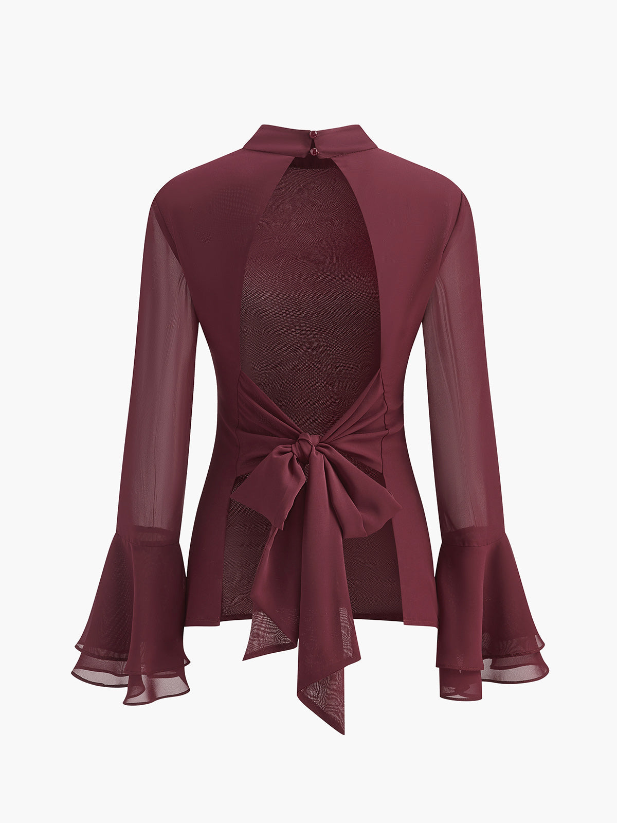 Dik Yaka Sırt Dekolteli Şifon Fiyonklu Gömlek