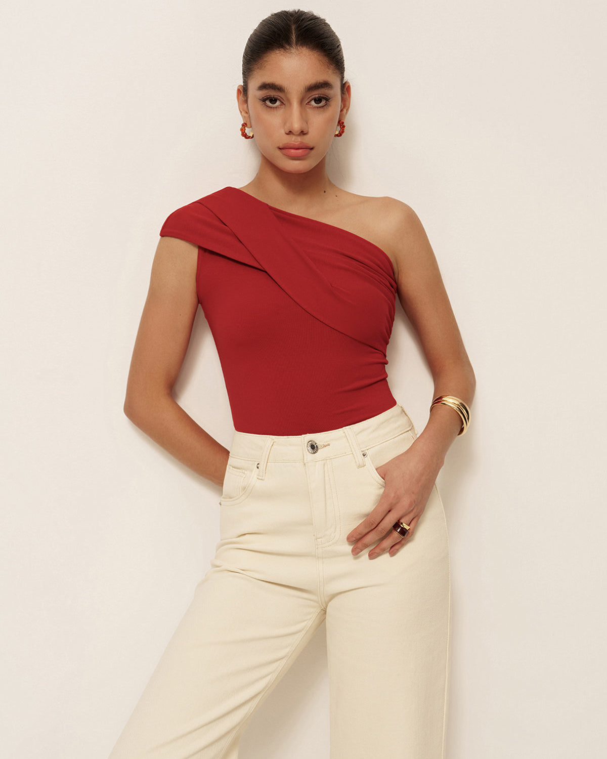 Asimetrik Yaka Kolsuz Jarse Bluz