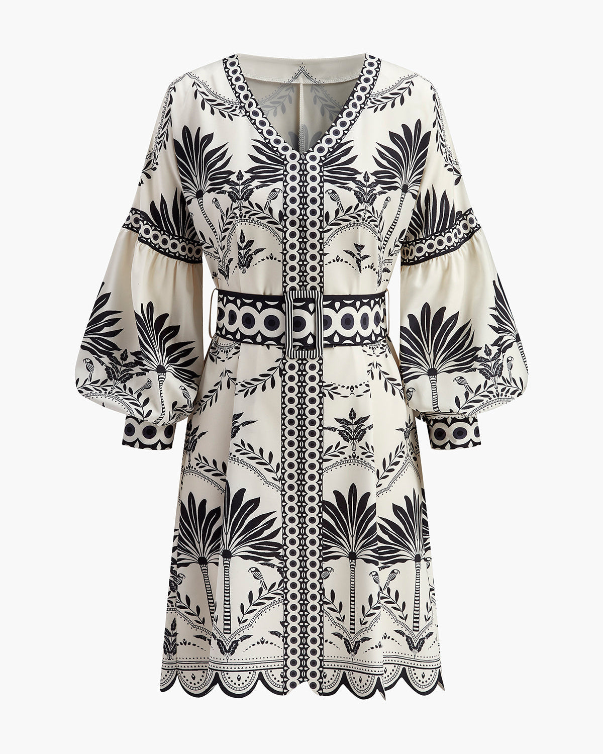 Bohem Desenli V Yaka Kemerli Elbise