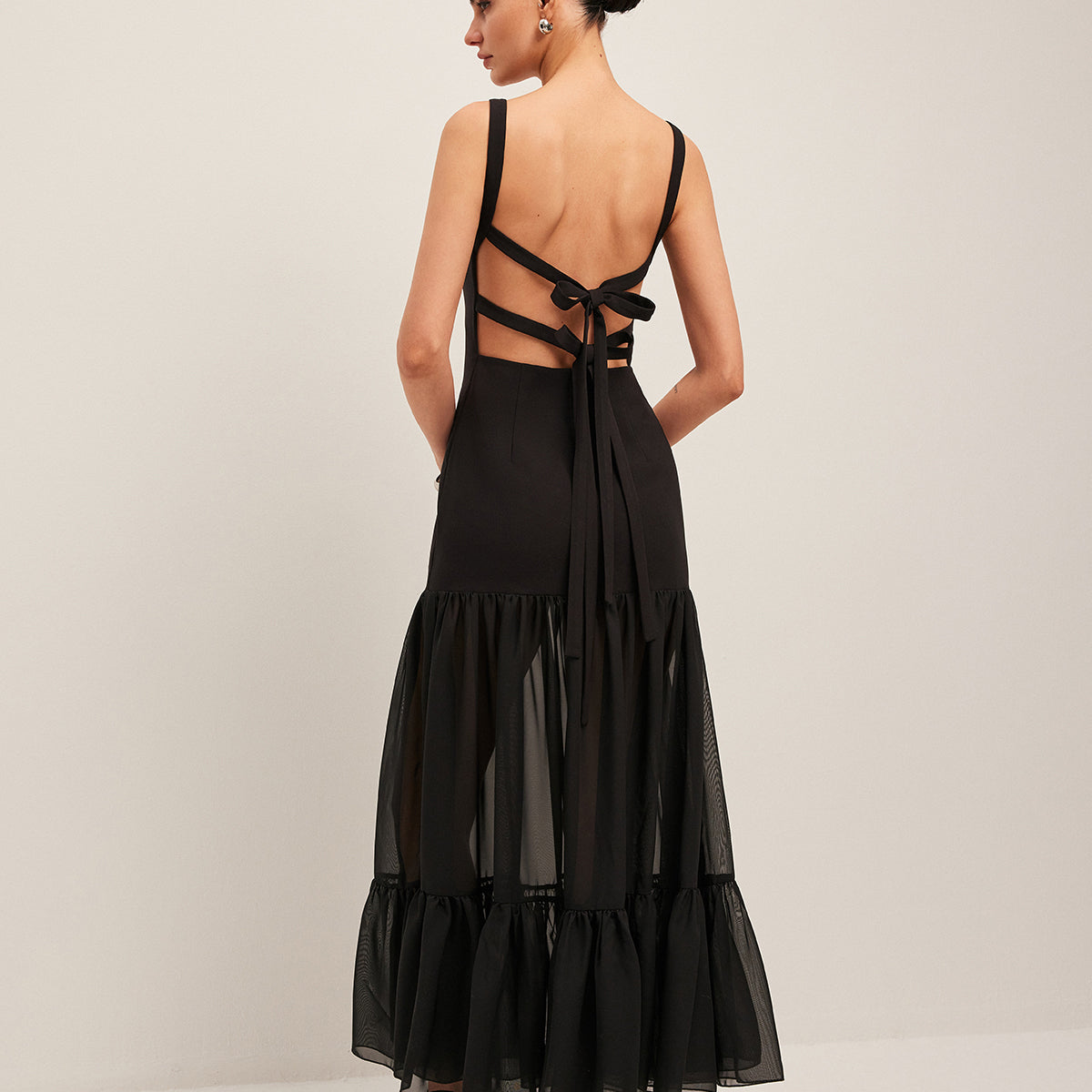 Şeffaf Panelli Sırtı Bağlamalı Fırfır Etekli Elbise