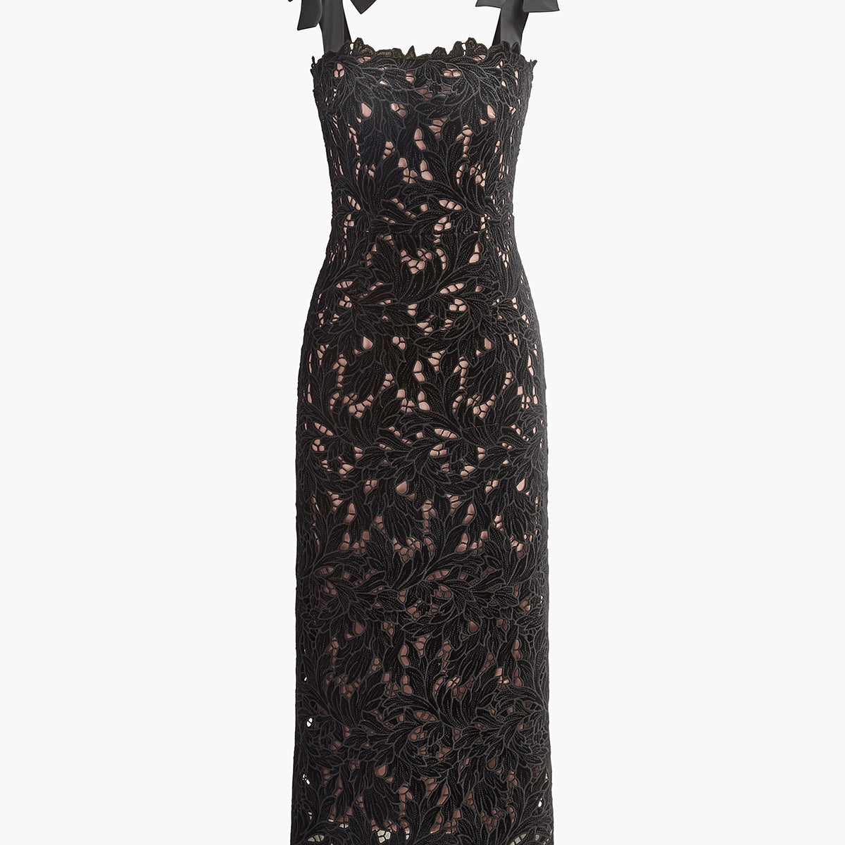 Çiçek Desenli Jakarlı Fiyonk Askılı Elbise