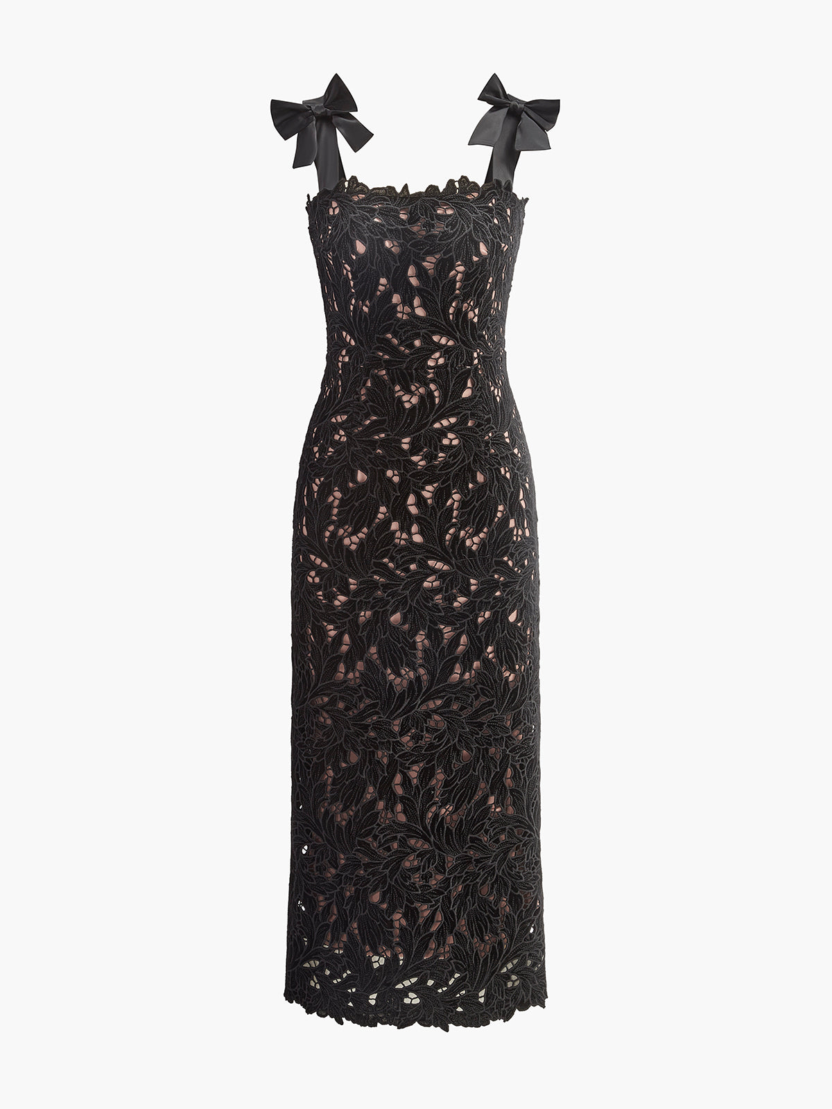 Çiçek Desenli Jakarlı Fiyonk Askılı Elbise