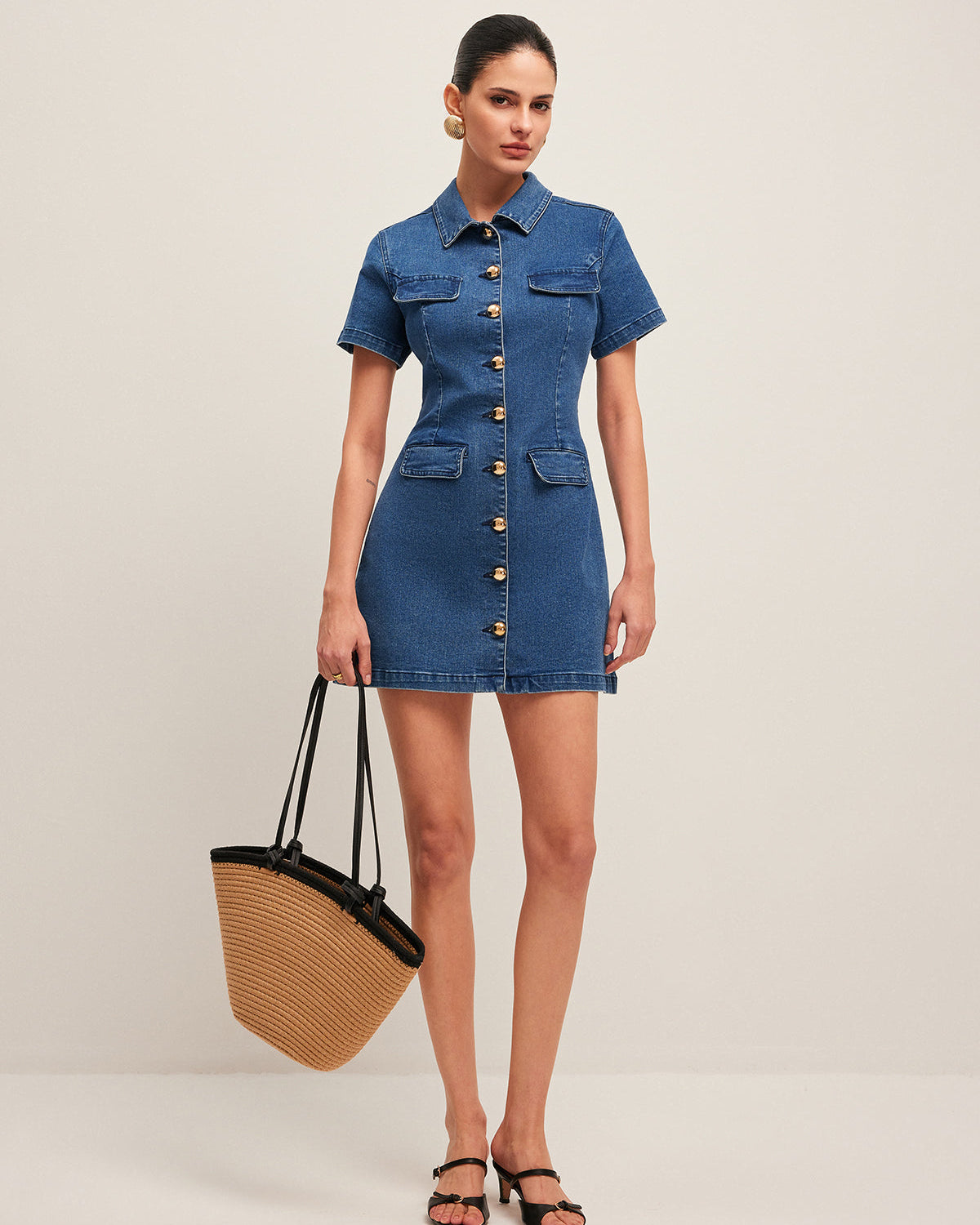 Düğmeli Denim Gömlek Elbise
