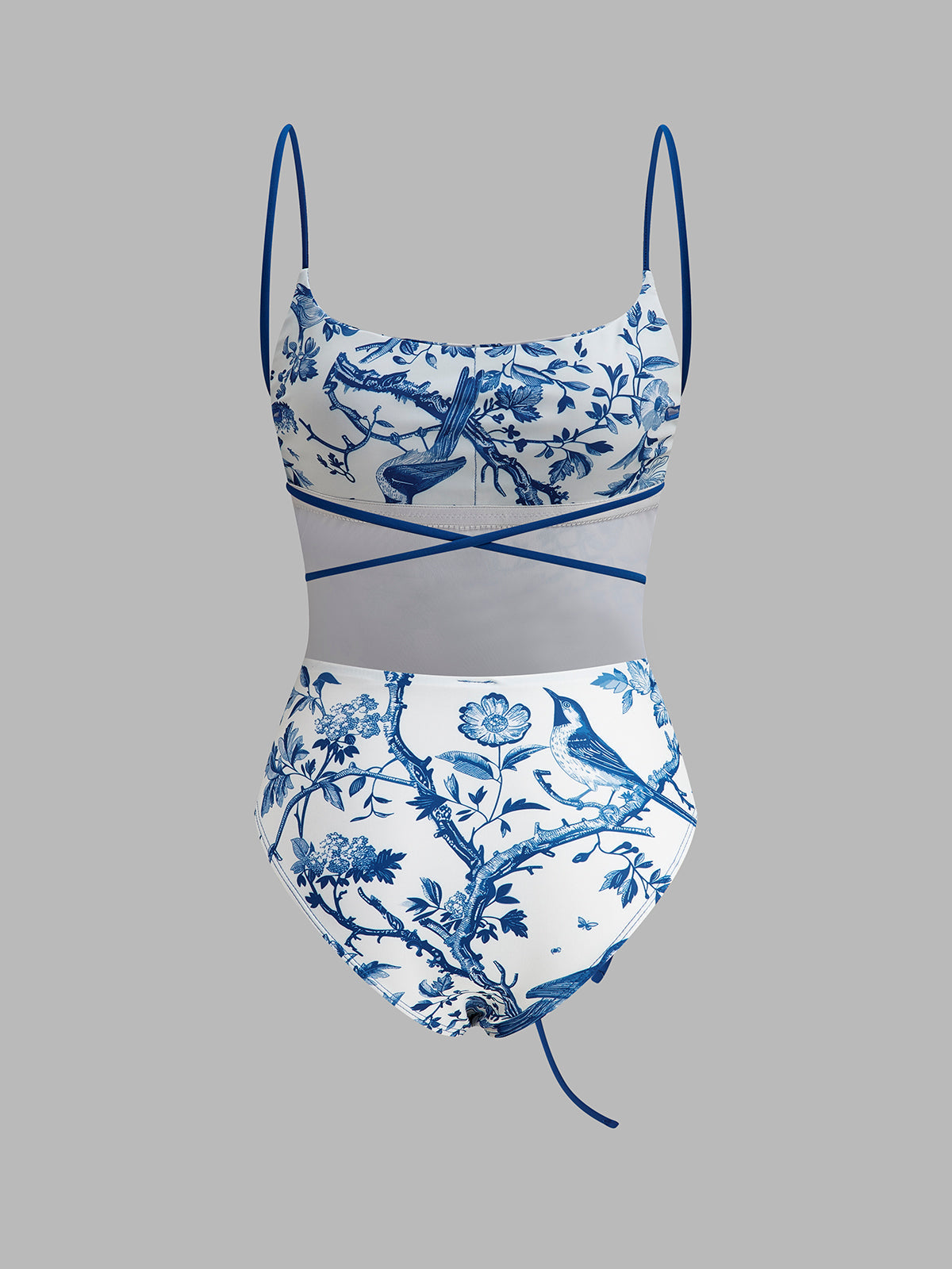 Kuş Desenli Belden Bağlamalı Tek Parça Mayo