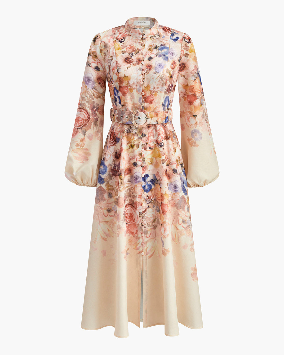 Kuşaklı Balon Kollu Çiçek Desenli Elbise