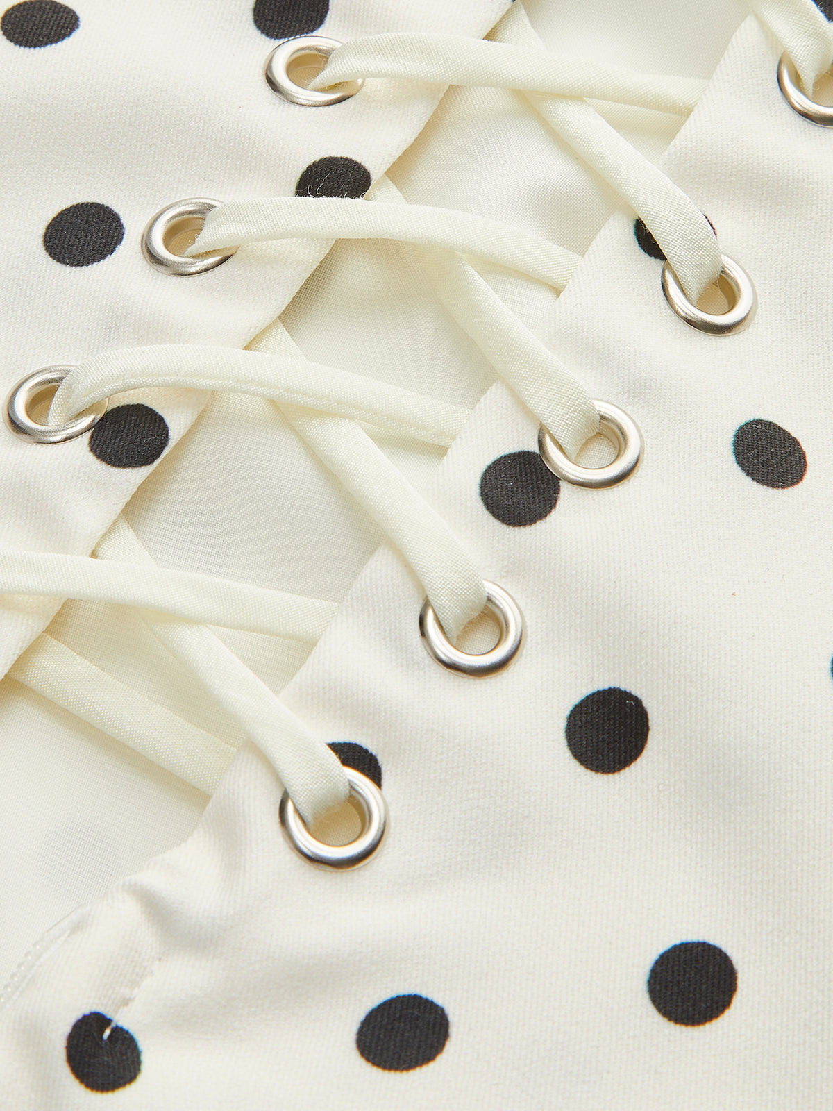 Puantiyeli Bağcıklı Sırt Dekolteli Mini Elbise