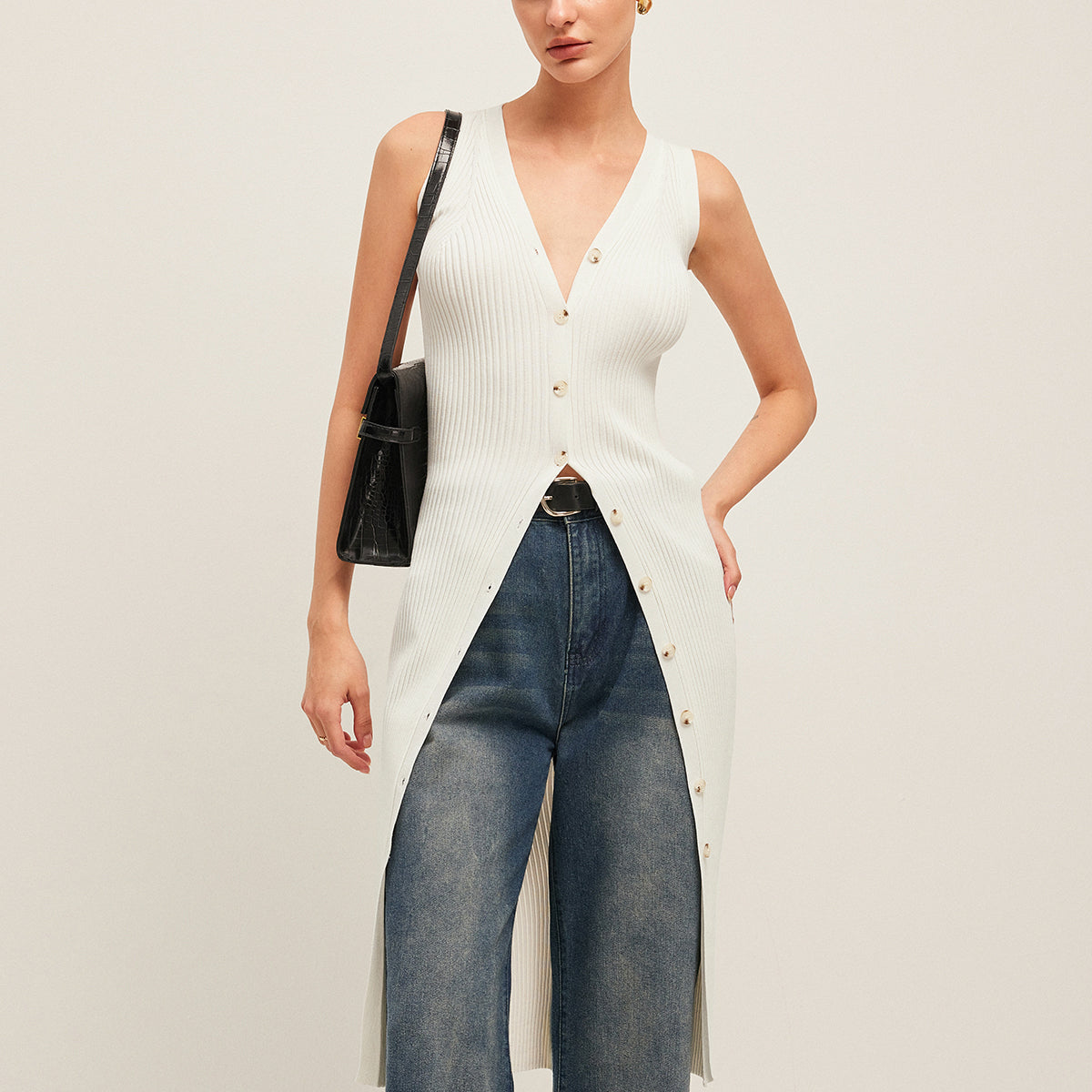 Düğme Detaylı Ribanalı Uzun Bluz