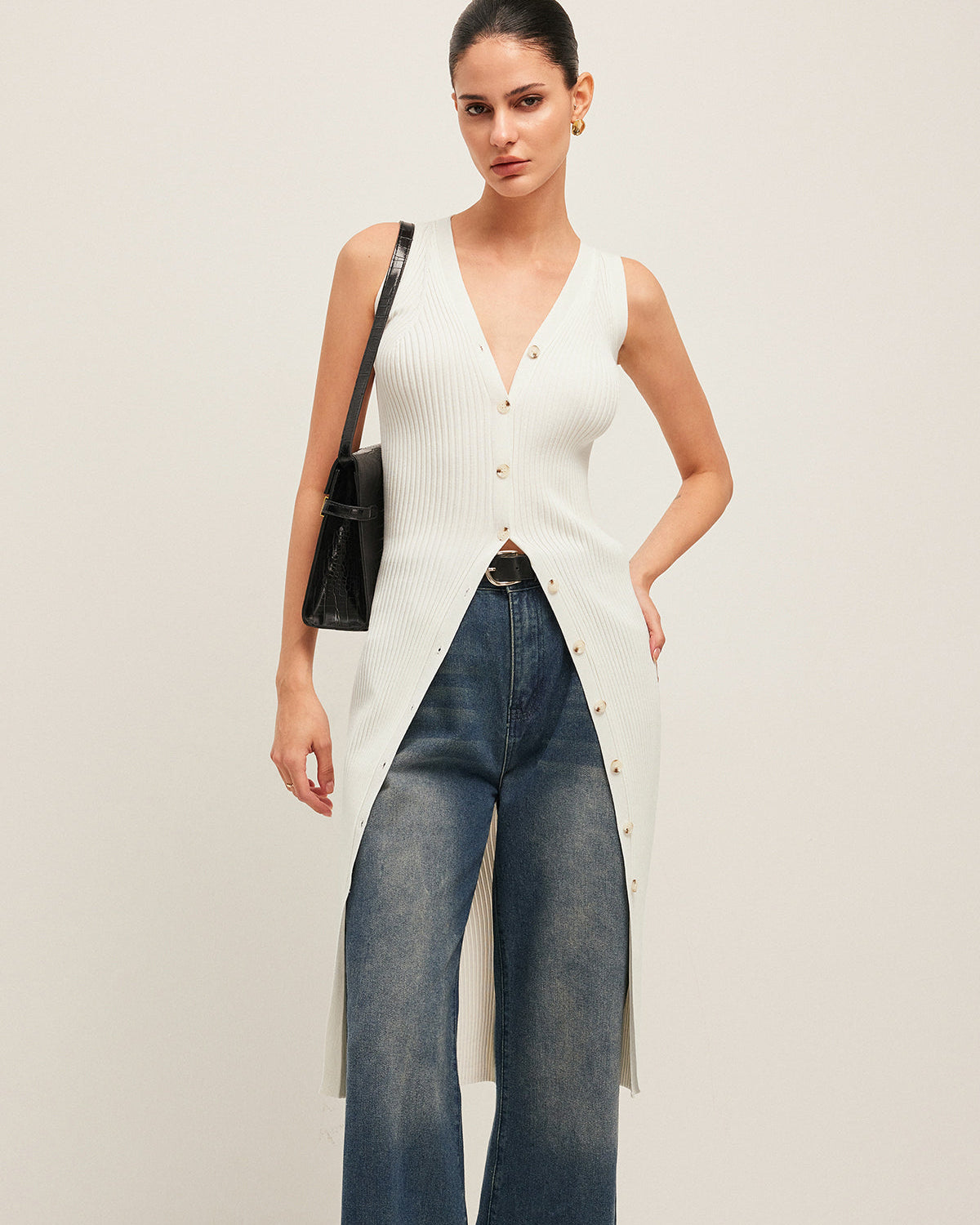 Düğme Detaylı Ribanalı Uzun Bluz