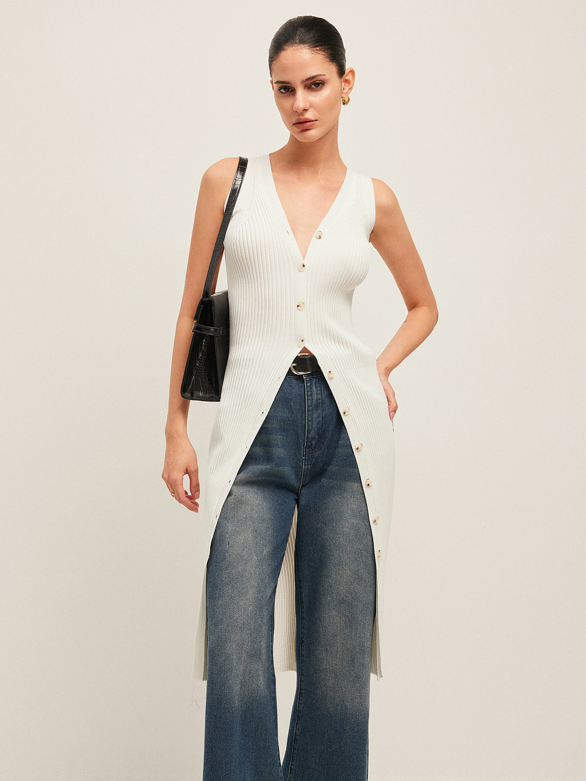 Düğme Detaylı Ribanalı Uzun Bluz