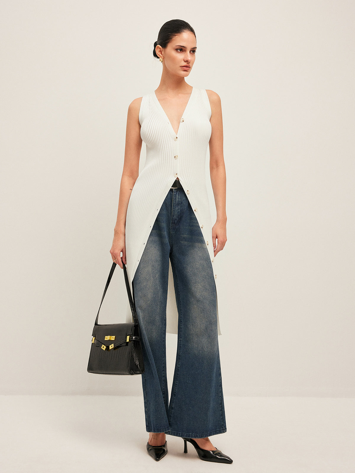 Düğme Detaylı Ribanalı Uzun Bluz