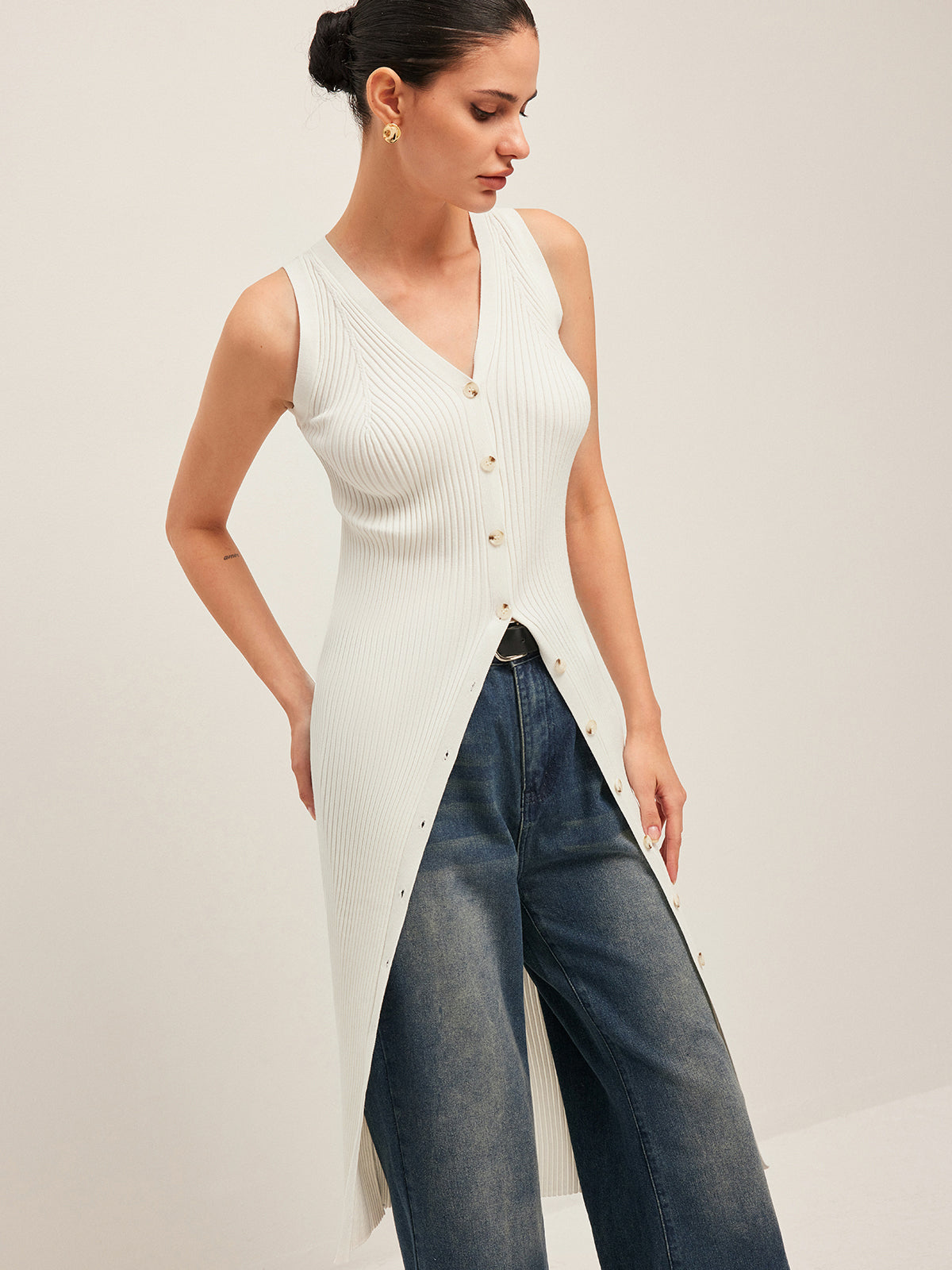 Düğme Detaylı Ribanalı Uzun Bluz