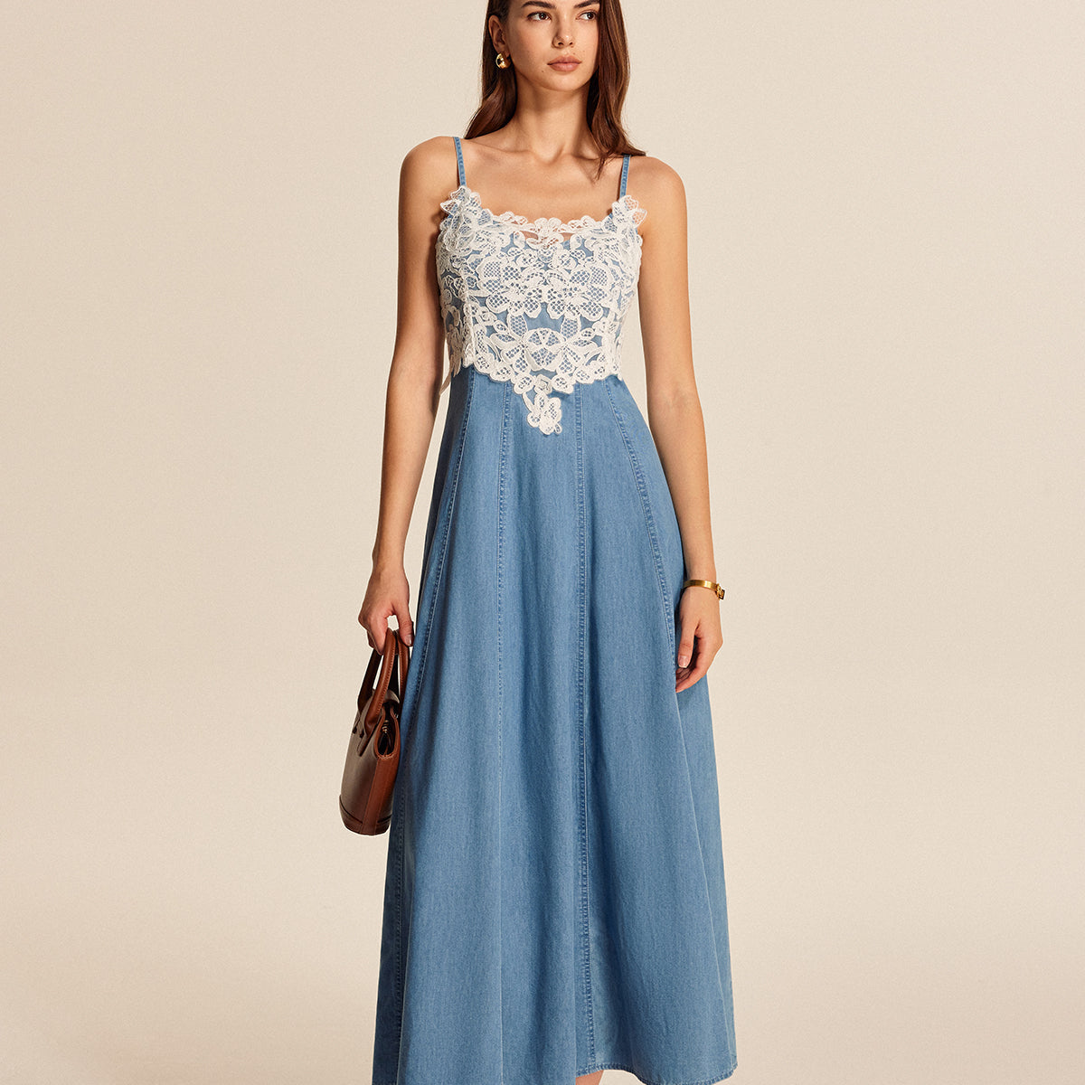 Dantel Detaylı Kot Askılı Maxi Elbise