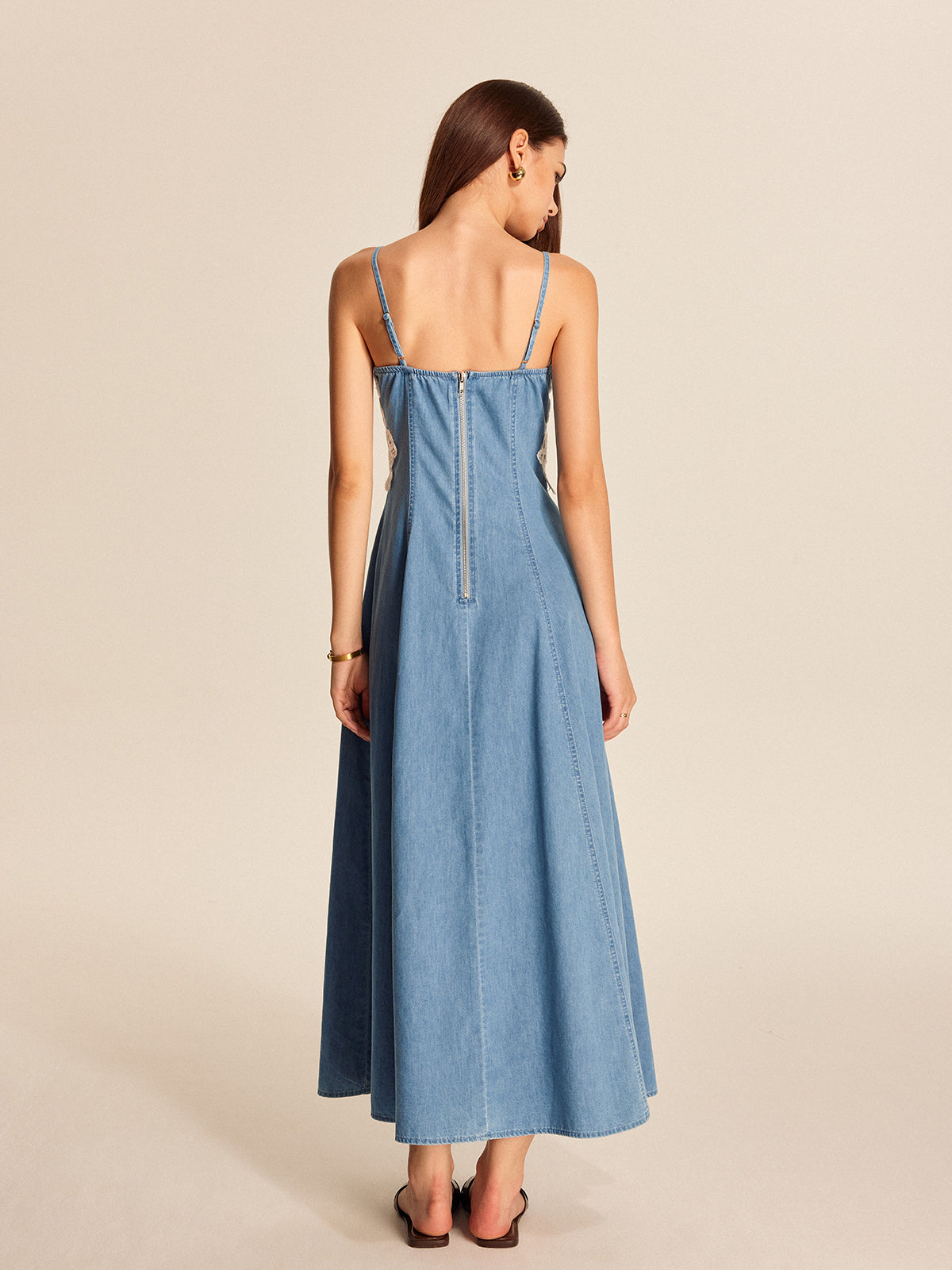 Dantel Detaylı Kot Askılı Maxi Elbise