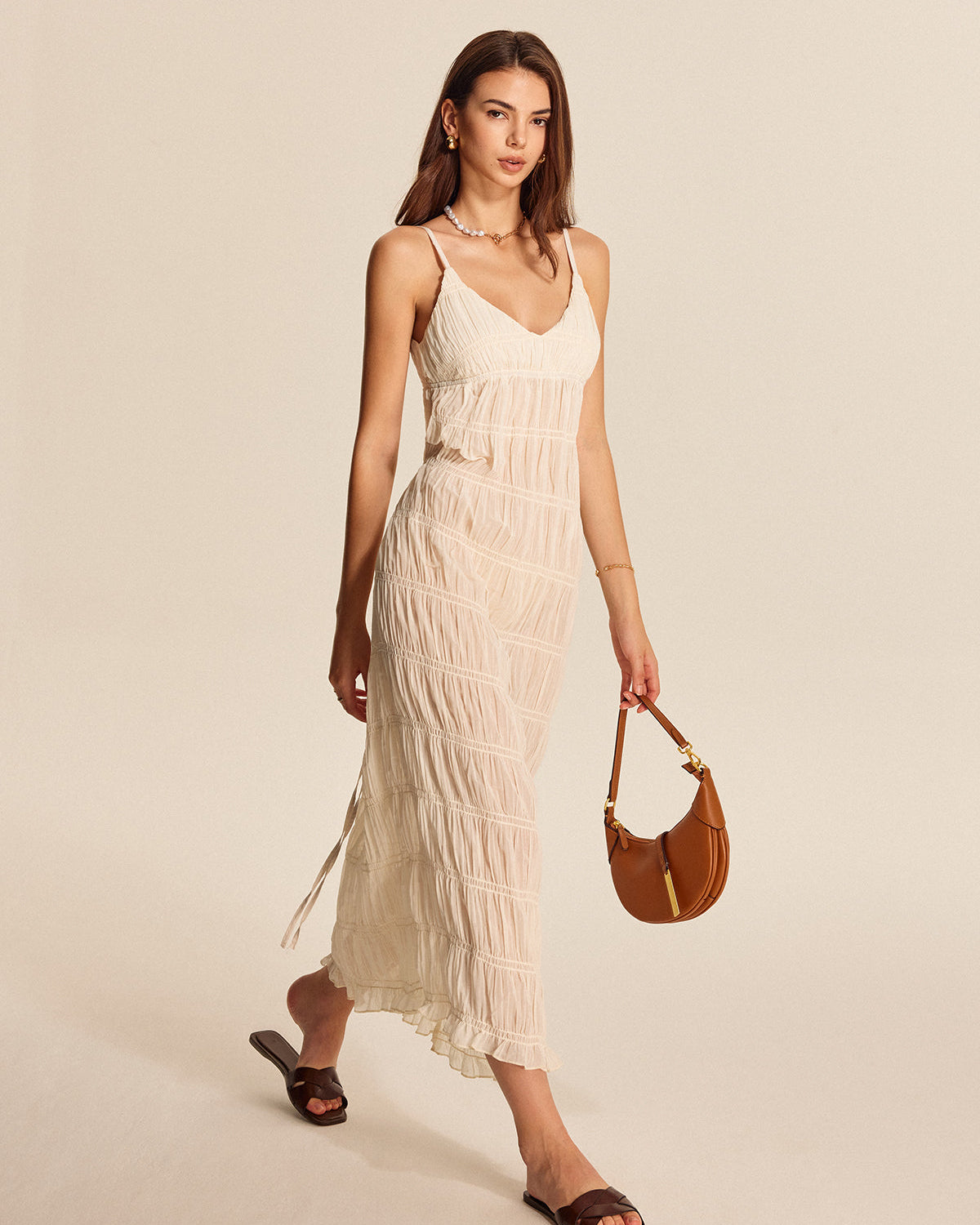 Yarı Şeffaf Askılı Pileli Elbise