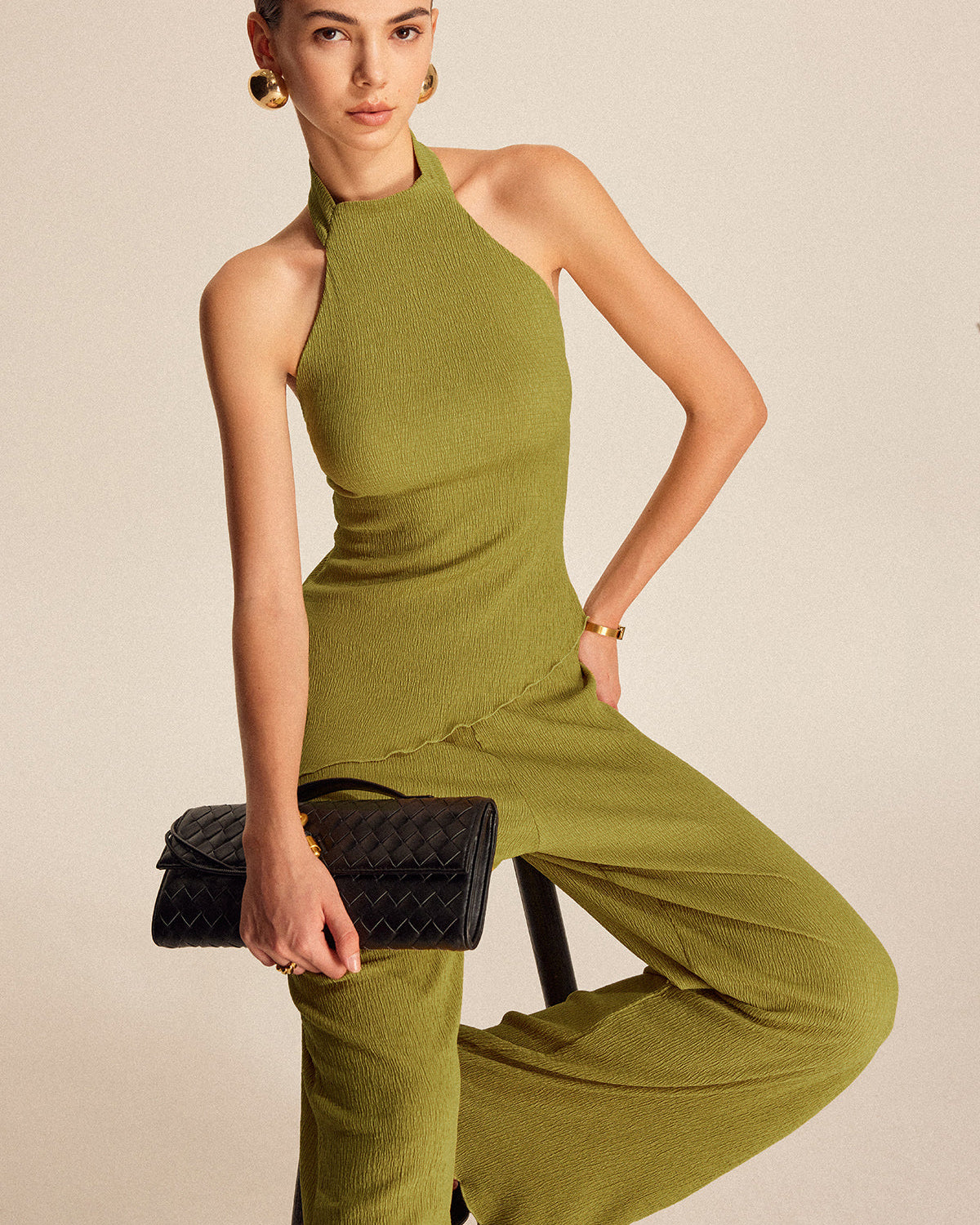 Halter Yaka Sırtı Açık Pantolon Takım